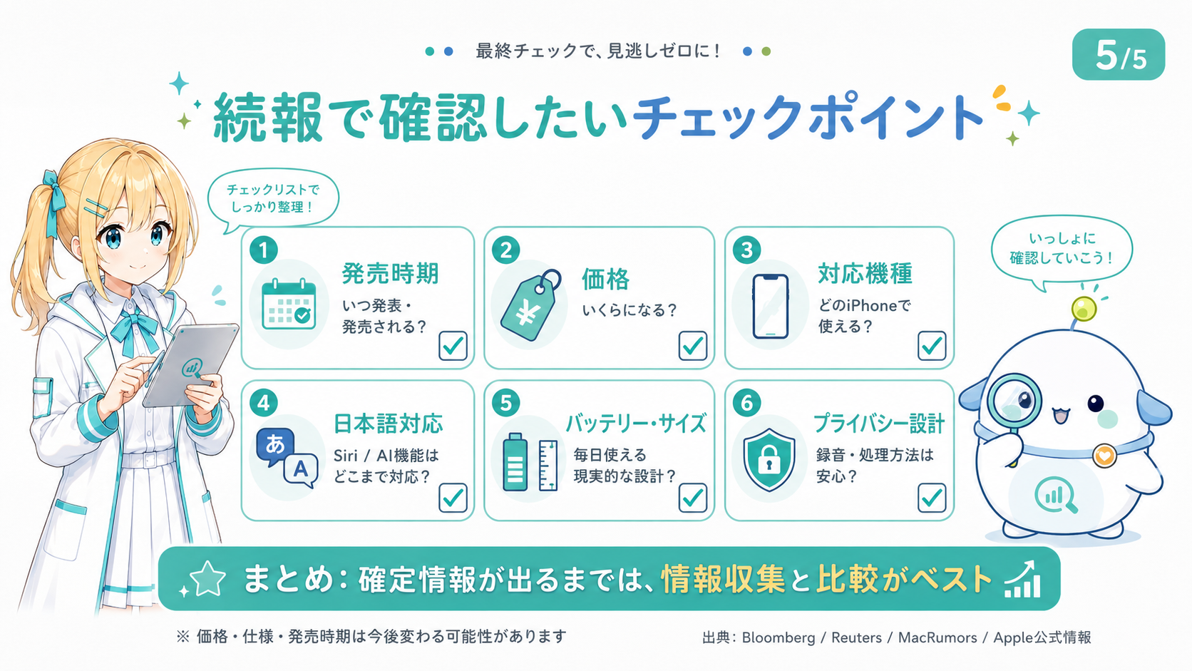AIペンダントの続報で確認したい6つのチェックポイント（発売時期／価格／対応機種／日本語対応／バッテリー・サイズ／プライバシー設計）と、確定情報が出るまでは情報収集と比較がベストという結論を整理したスライド