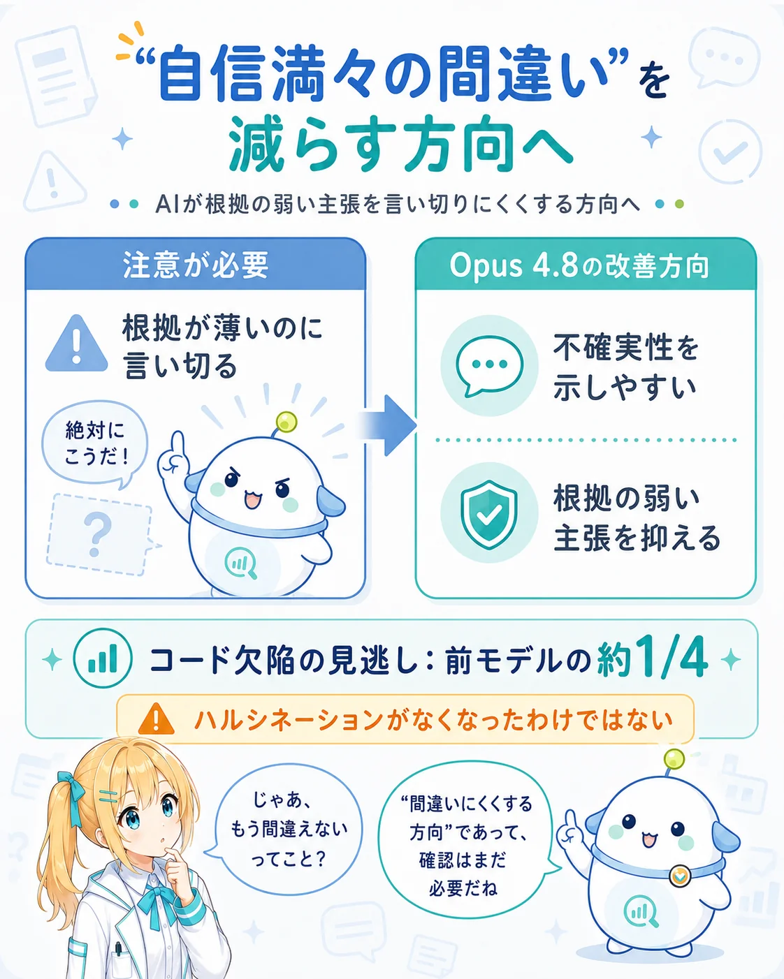 “自信満々の間違い”を減らす方向を整理した図解。左=根拠が薄いのに言い切る、右=不確実性を示しやすい・根拠の弱い主張を抑える、を対比し、『コード欠陥の見逃し:前モデルの約1/4』を強調しつつ『ハルシネーションがなくなったわけではない』と注記して、ひまり・らぼまるが示すスライド