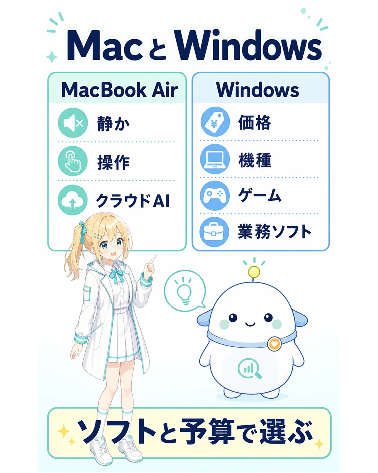 初心者向けにMacBook AirとWindowsノートを公平に比較する図解。Macは操作の一貫性、静かさ、電池持ち。Windowsは価格帯、ゲーム、業務ソフト、端子や機種の選択肢。クラウドAIはどちらでも使える