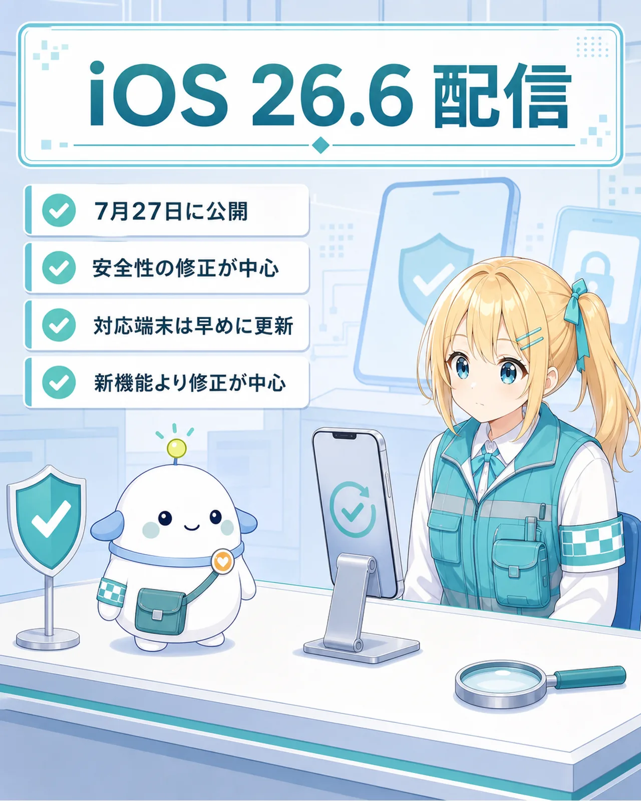 iOS 26.6の配信を伝える図解。7月27日に公開、安全性の修正が中心、対応端末は早めに更新、78項目・87CVEといった要点を、ひまりとらぼまるが確認している