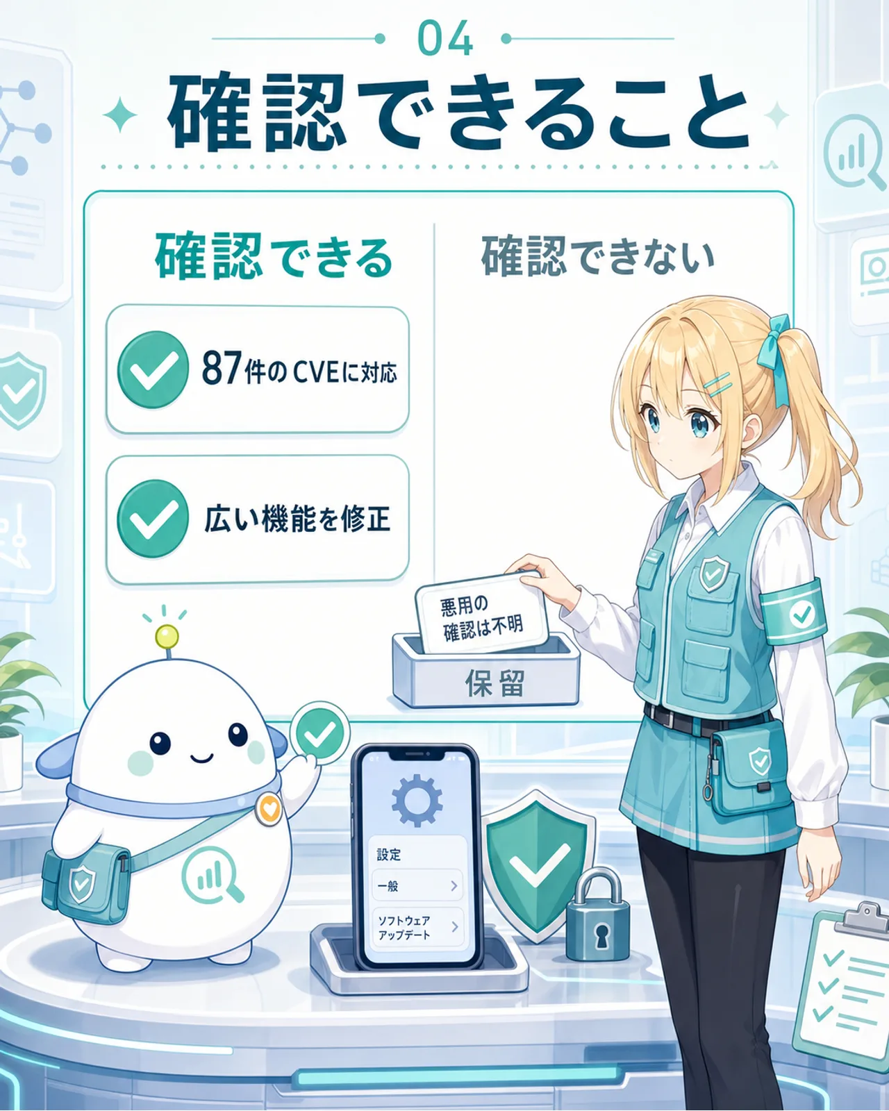 確認できることと確認できないことを仕分ける図解。確認できる欄に87件のCVEに対応・広い機能を修正、悪用の確認は不明のカードを保留トレーに置く。らぼまるがチェックする
