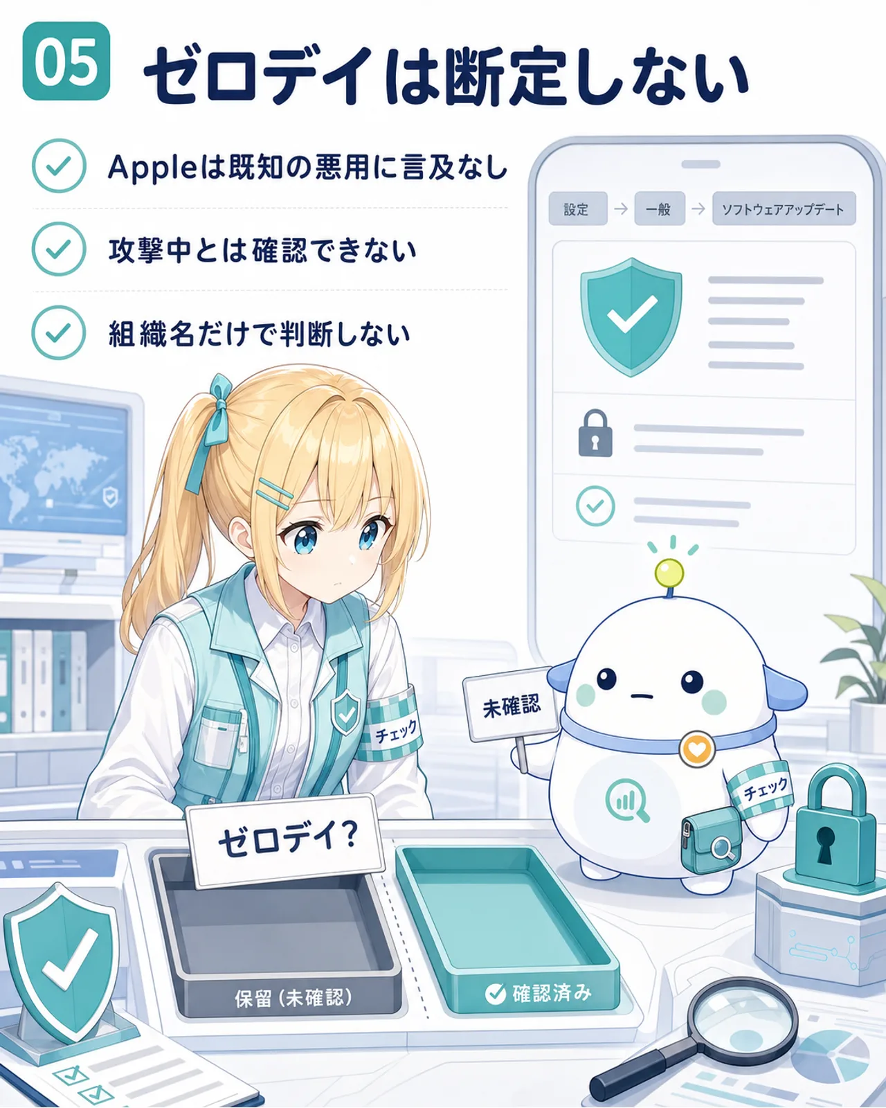 ゼロデイは断定しないことを示す図解。Appleは既知の悪用に言及なし、攻撃中とは確認できない、組織名だけで判断しない。ひまりがゼロデイ?のカードを保留に置く