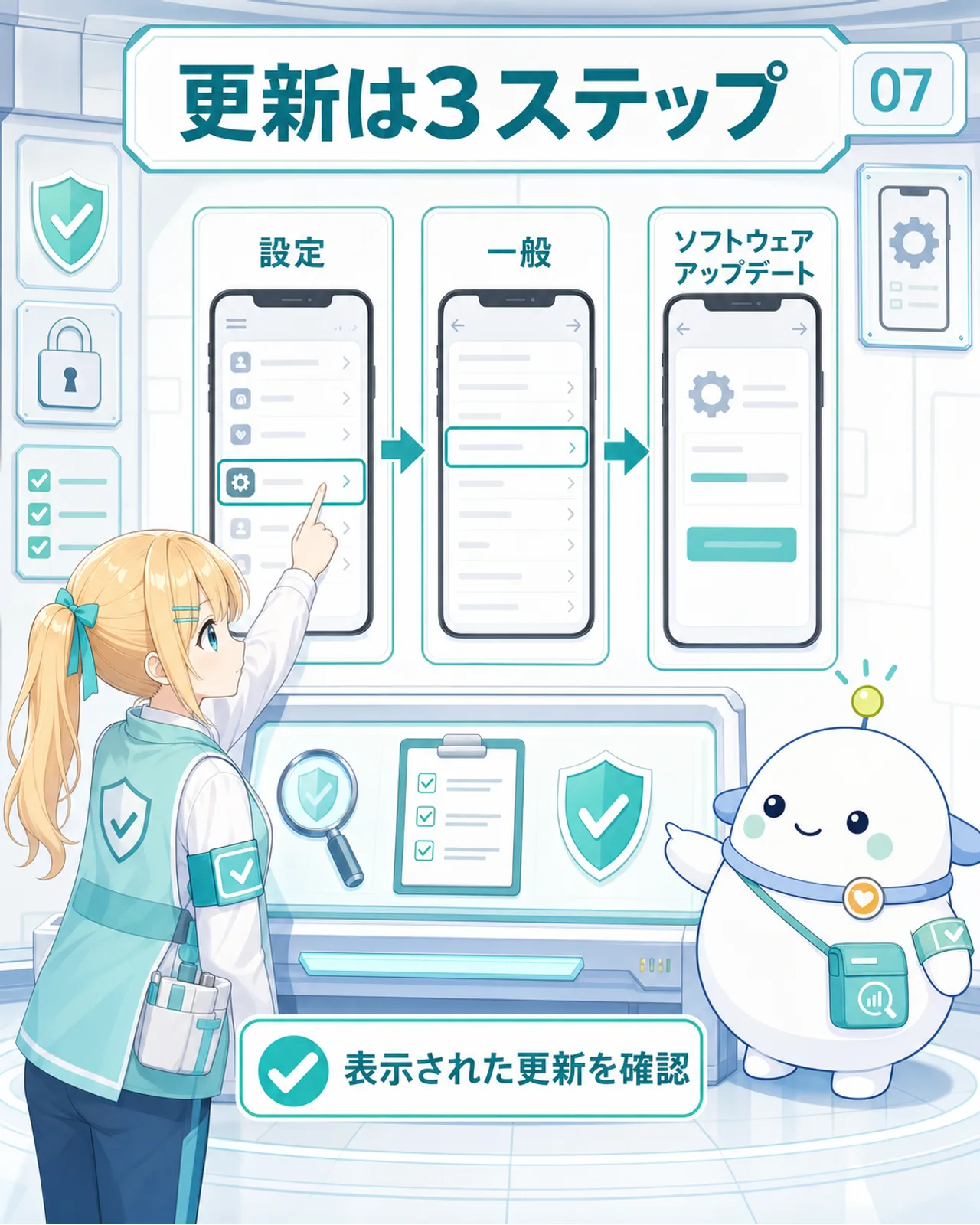 更新は3ステップの図解。設定、一般、ソフトウェアアップデートの順に画面を進み、表示された更新を確認する。ひまりが画面をタップし、らぼまるが最後の画面を指す
