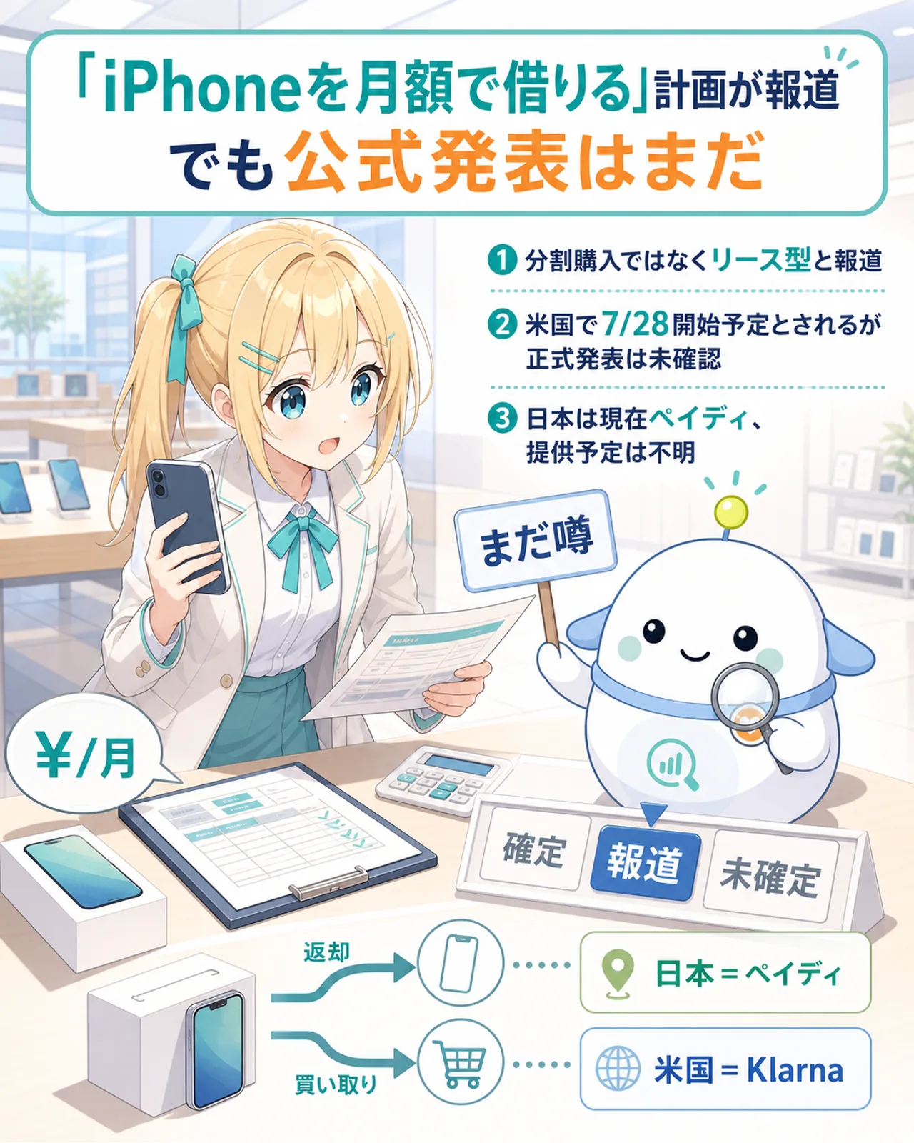 「iPhoneを月額で借りる」計画が報道、でも公式発表はまだ、という図解。分割購入ではなくリース型と報道、米国で7/28開始予定とされるが正式発表は未確認、日本は現在ペイディで提供予定は不明の3点を整理。ひまりがiPhoneと料金メモを見比べ、らぼまるが『まだ噂』と新聞を掲げる構図