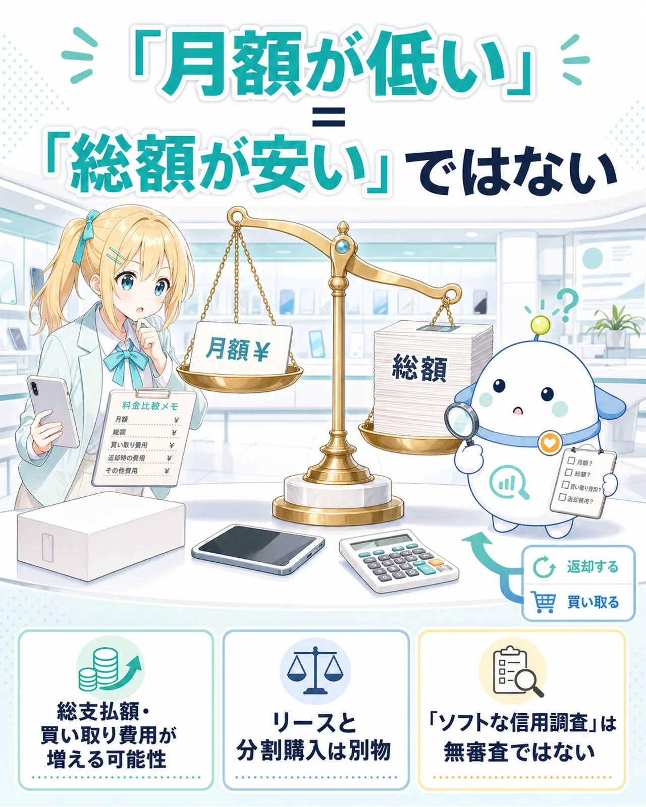 「『月額が低い』＝『総額が安い』ではない」の図解。天秤の片側に小さな月額、もう片側に大きな総額を置き、総支払額や買い取り費用が増える可能性・リースと分割購入は別物・『ソフトな信用調査』は無審査ではないの3点を整理。らぼまるが天秤を見て首をかしげる構図