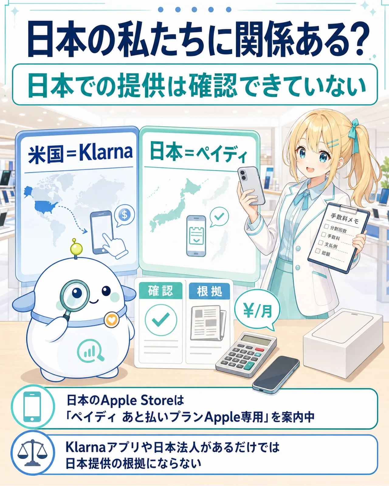 「日本の私たちに関係ある？／日本での提供は確認できていない」の図解。米国＝Klarna、日本＝ペイディの2枚の札を並べ、日本のApple Storeは『ペイディ あと払いプランApple専用』を案内中、Klarnaアプリや日本法人があるだけでは日本提供の根拠にならないと整理。ひまりが日本側に立ち、らぼまるが確認と根拠を仕分ける構図
