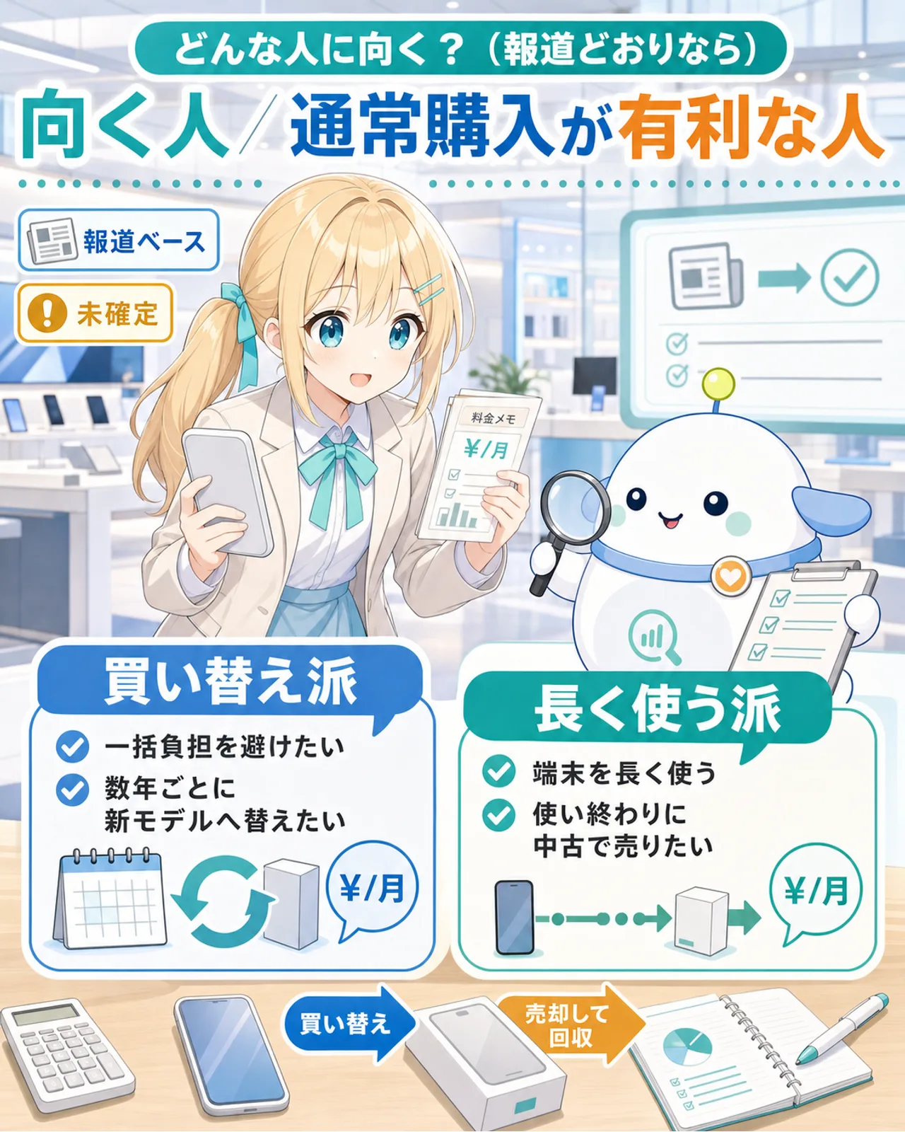「どんな人に向く？（報道どおりなら）／向く人・通常購入が有利な人」の図解。買い替え派は一括負担を避けたい・数年ごとに新モデルへ替えたい、長く使う派は端末を長く使う・使い終わりに中古で売りたい、と2タイプを見比べる。ひまりが2つの吹き出しを見比べ、らぼまるがチェックする構図。報道ベース・未確定の注記付き