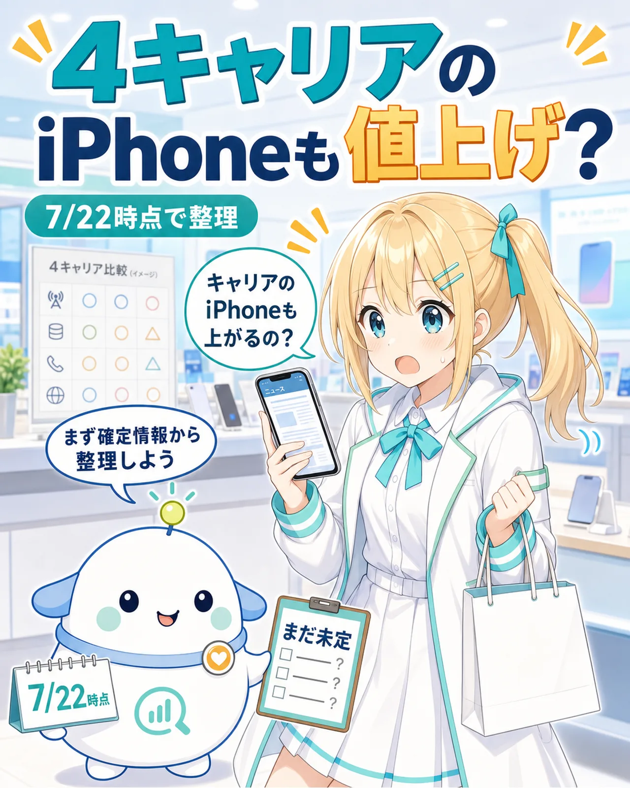4キャリアのiPhoneも値上げ? 7月22日時点で整理するというテーマを示した図解。ひまりがスマホのニュースを見て疑問を持ち、らぼまるが確定情報から整理しようと案内するスライド