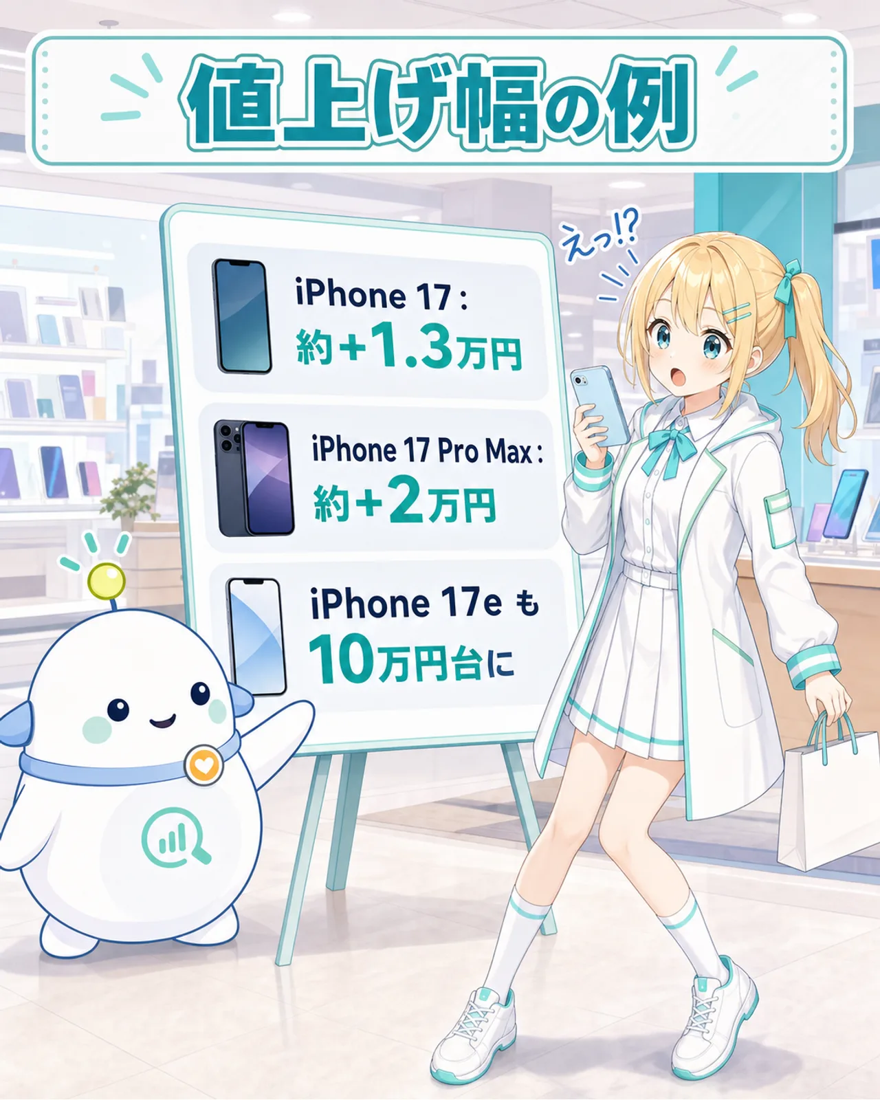 Appleの値上げ幅の例を示した図解。iPhone 17は約+1.3万円、iPhone 17 Pro Maxは約+2万円、iPhone 17eも10万円台になったことをらぼまるが数字ボードで説明するスライド
