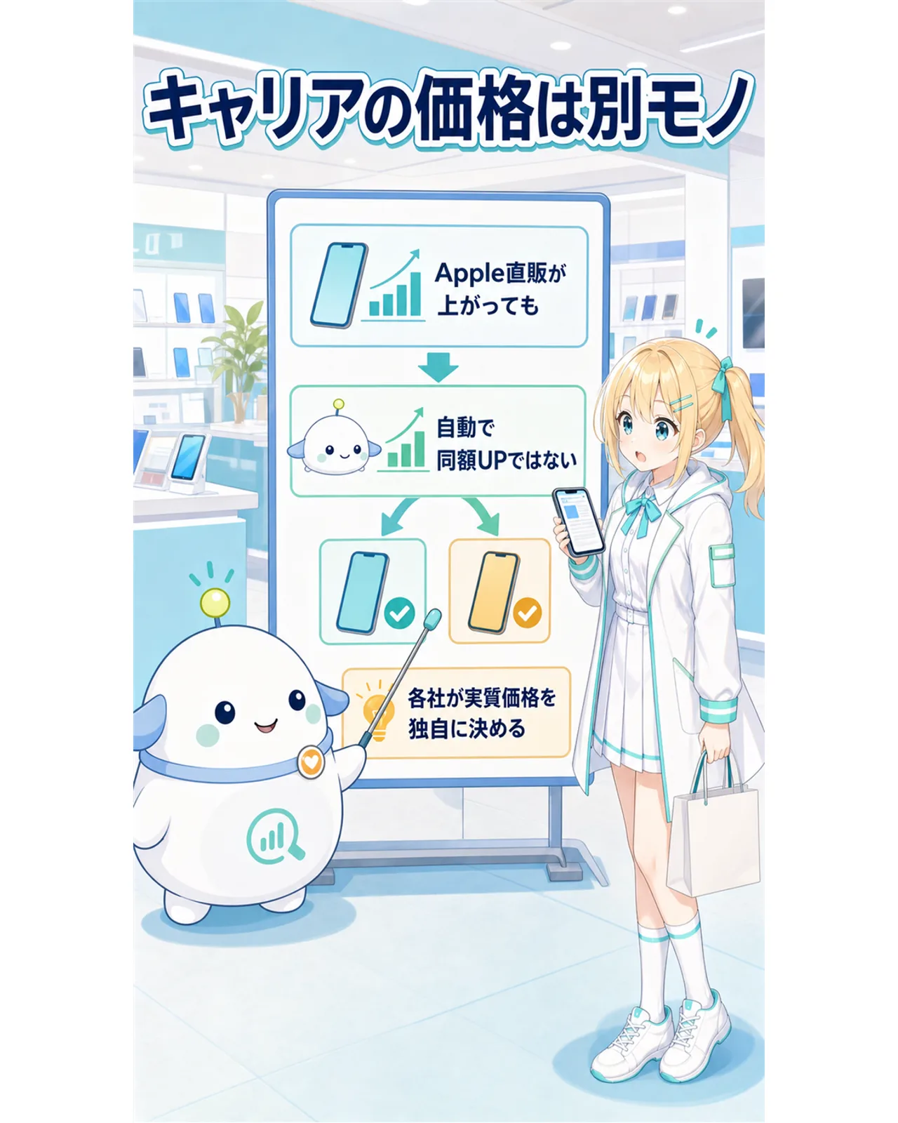 キャリアの価格はApple直販とは別モノで、直販が上がっても自動で同額UPにはならず、各社が実質価格を独自に決めると整理した図解。らぼまるが比較ボードで説明するスライド