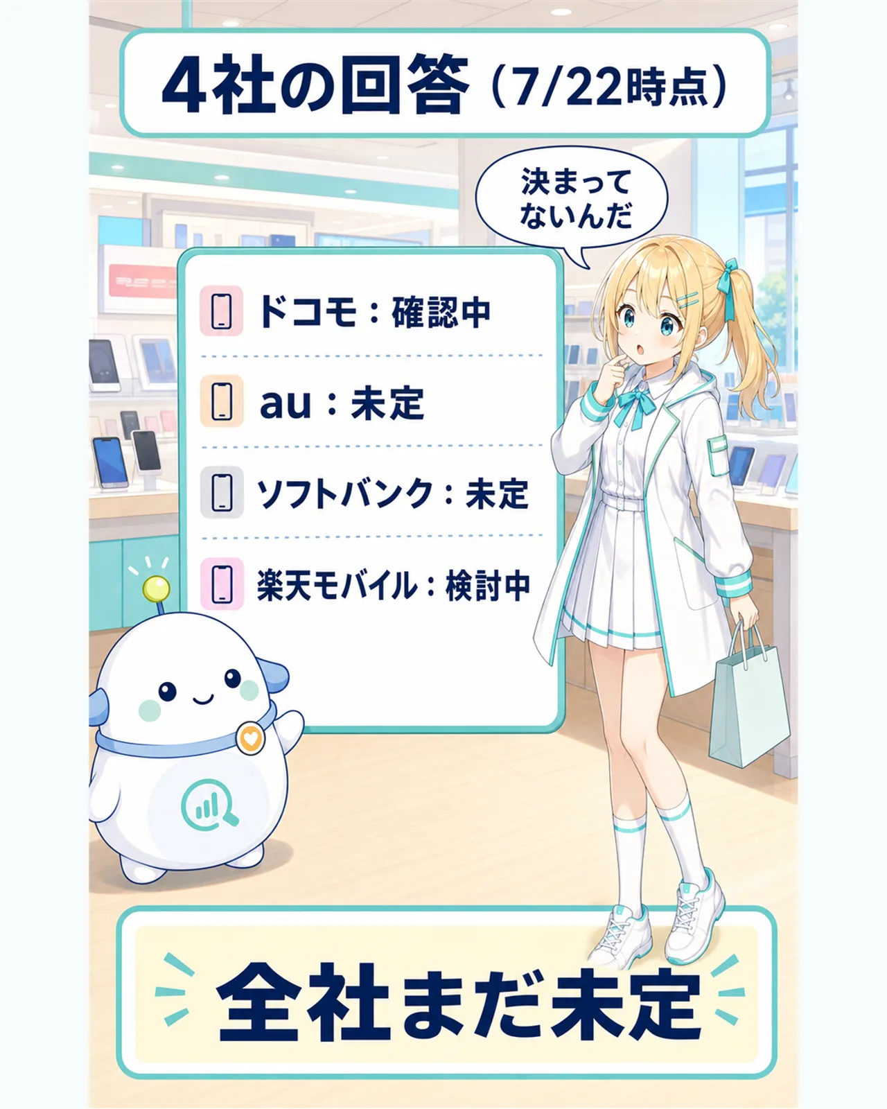 4社の回答(7月22日時点)を一覧にした図解。ドコモは確認中、auは未定、ソフトバンクは未定、楽天モバイルは検討中で、全社まだ未定だとらぼまるがボードで示すスライド