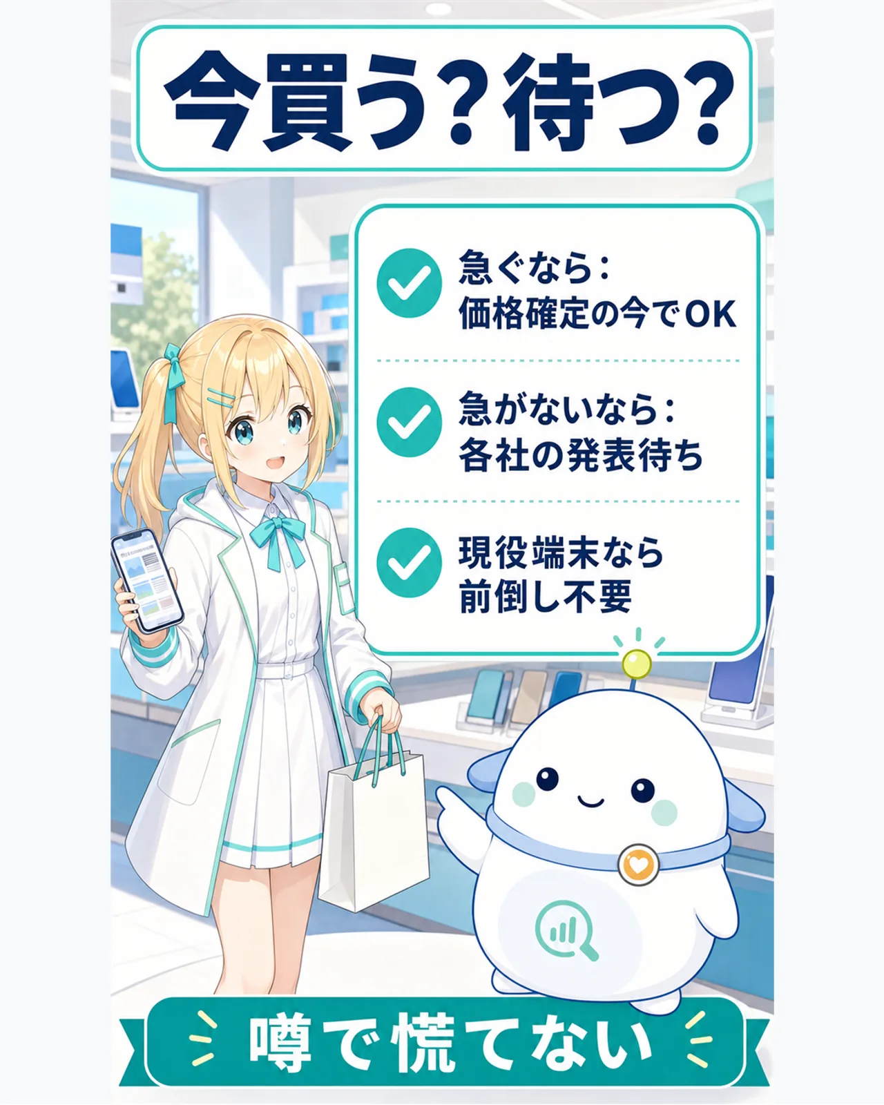 今買う?待つ?の判断ガイドを示した図解。急ぐなら価格確定の今でOK、急がないなら各社の発表待ち、現役端末なら前倒し不要、噂で慌てないと、ひまりとらぼまるがチェックリストで案内するスライド