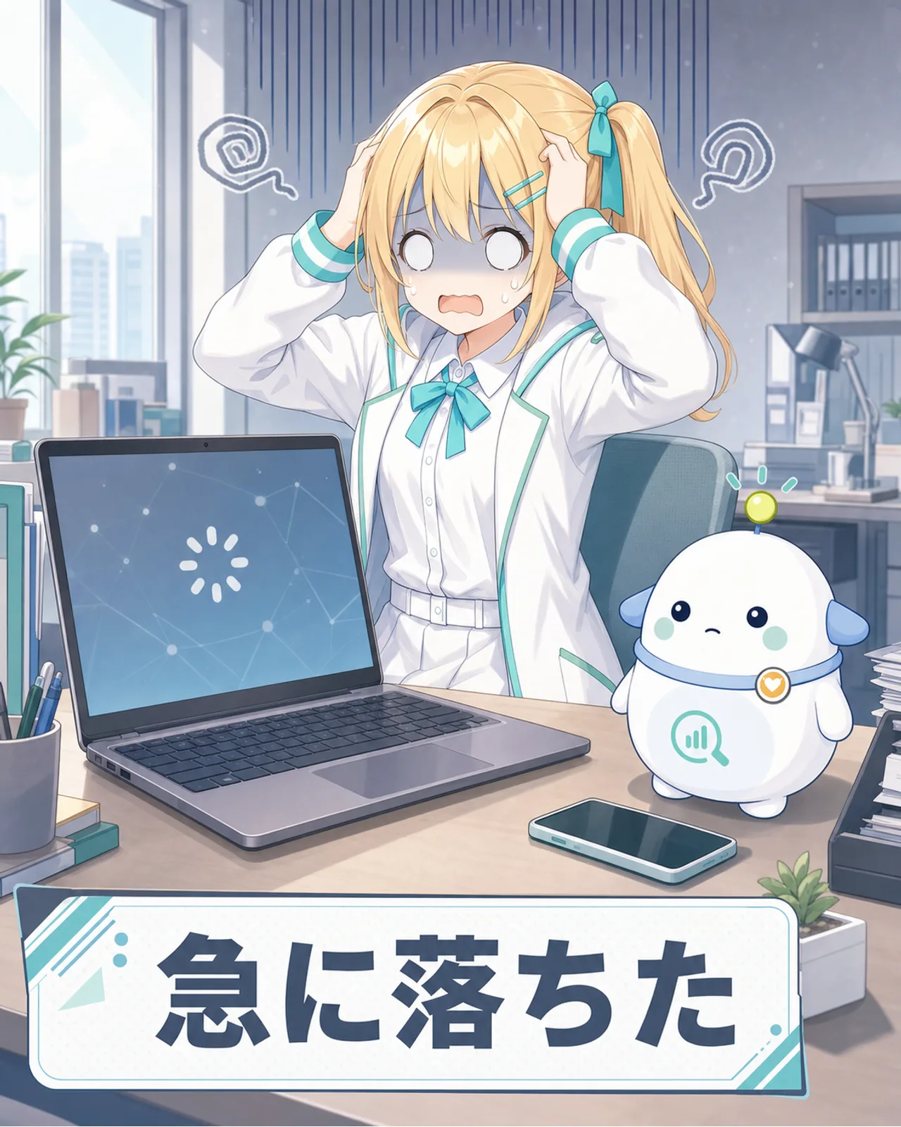 ノートPCの画面がフリーズし、ひまりが両手で頭を抱えて白目になる絶望の図解