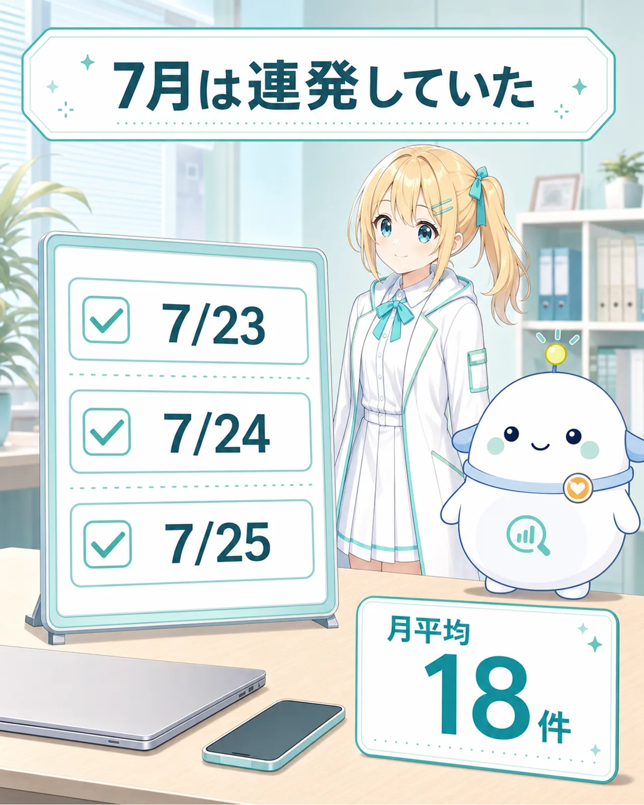 7月23日・24日・25日の3日間のインシデントと月平均18件という数字を示すチェックリストの図解
