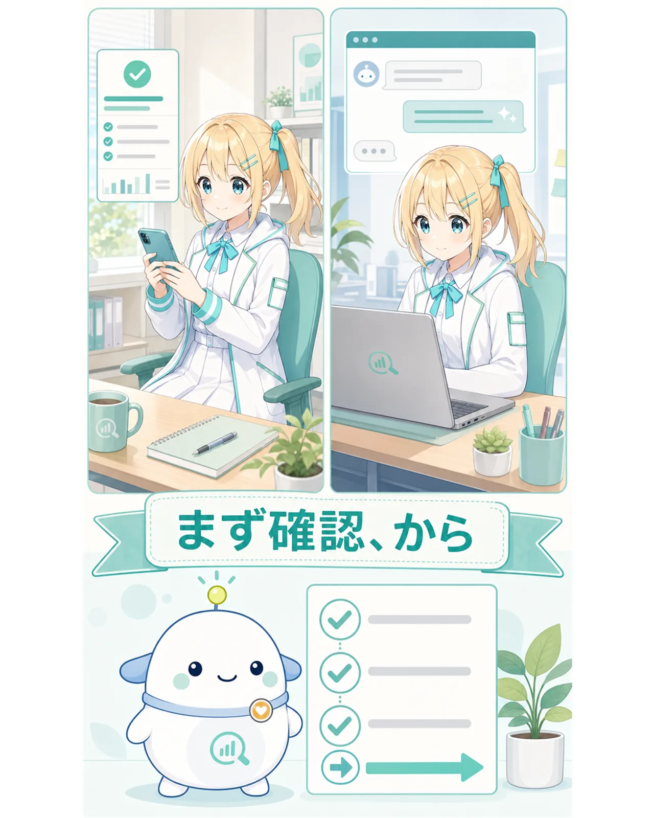左でスマホのステータスページを確認し、右でブラウザ版を試すひまりの2コマ図解