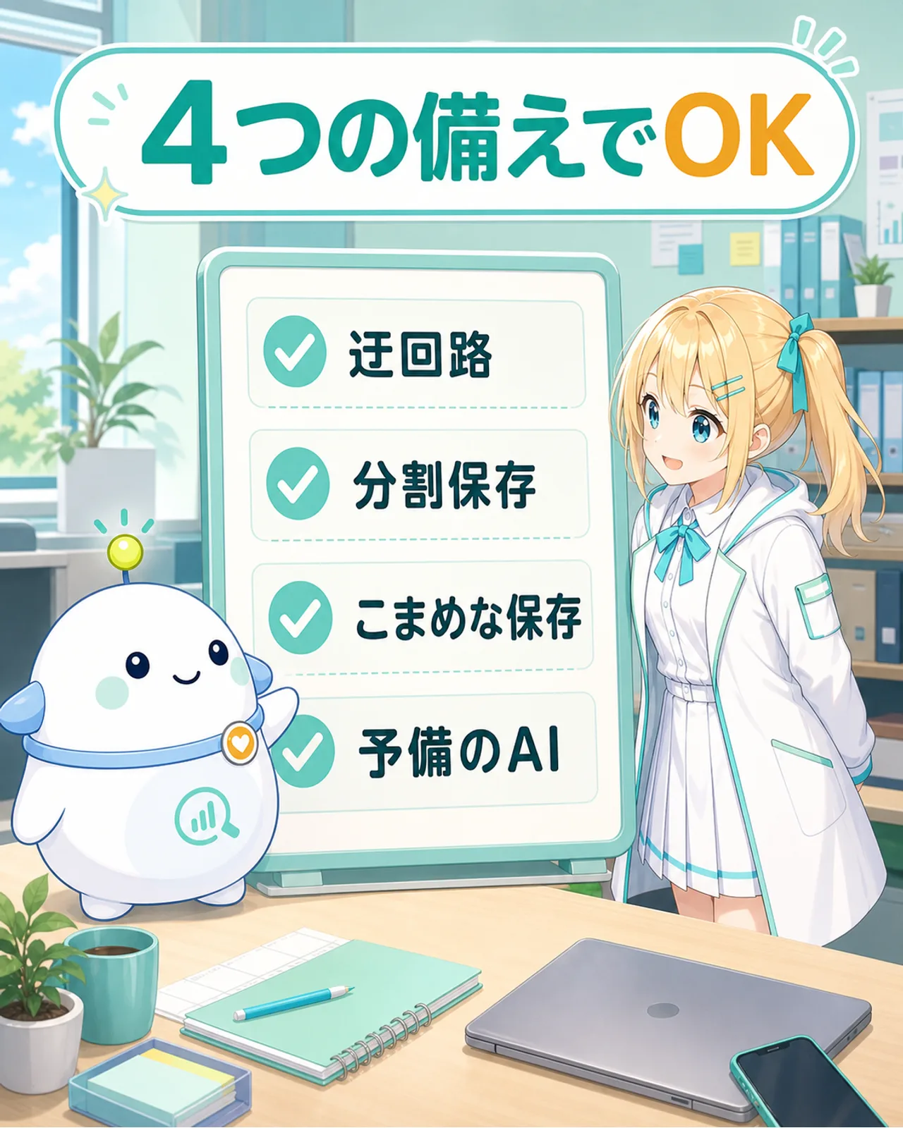 迂回路・分割保存・こまめな保存・予備のAIの4項目を示すチェックリストの図解