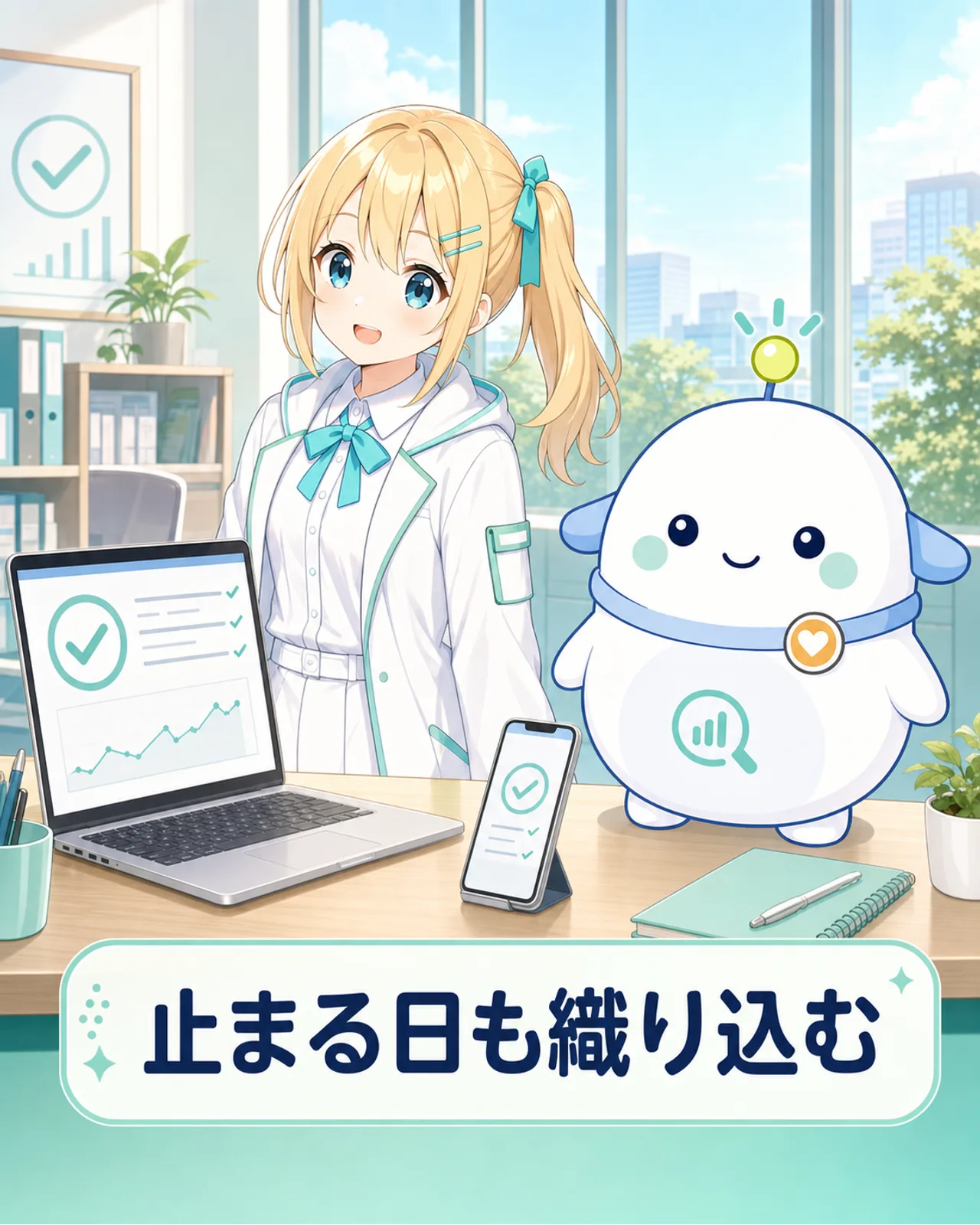 ひまりとらぼまるが並んで落ち着いた笑顔を見せる、まとめの図解