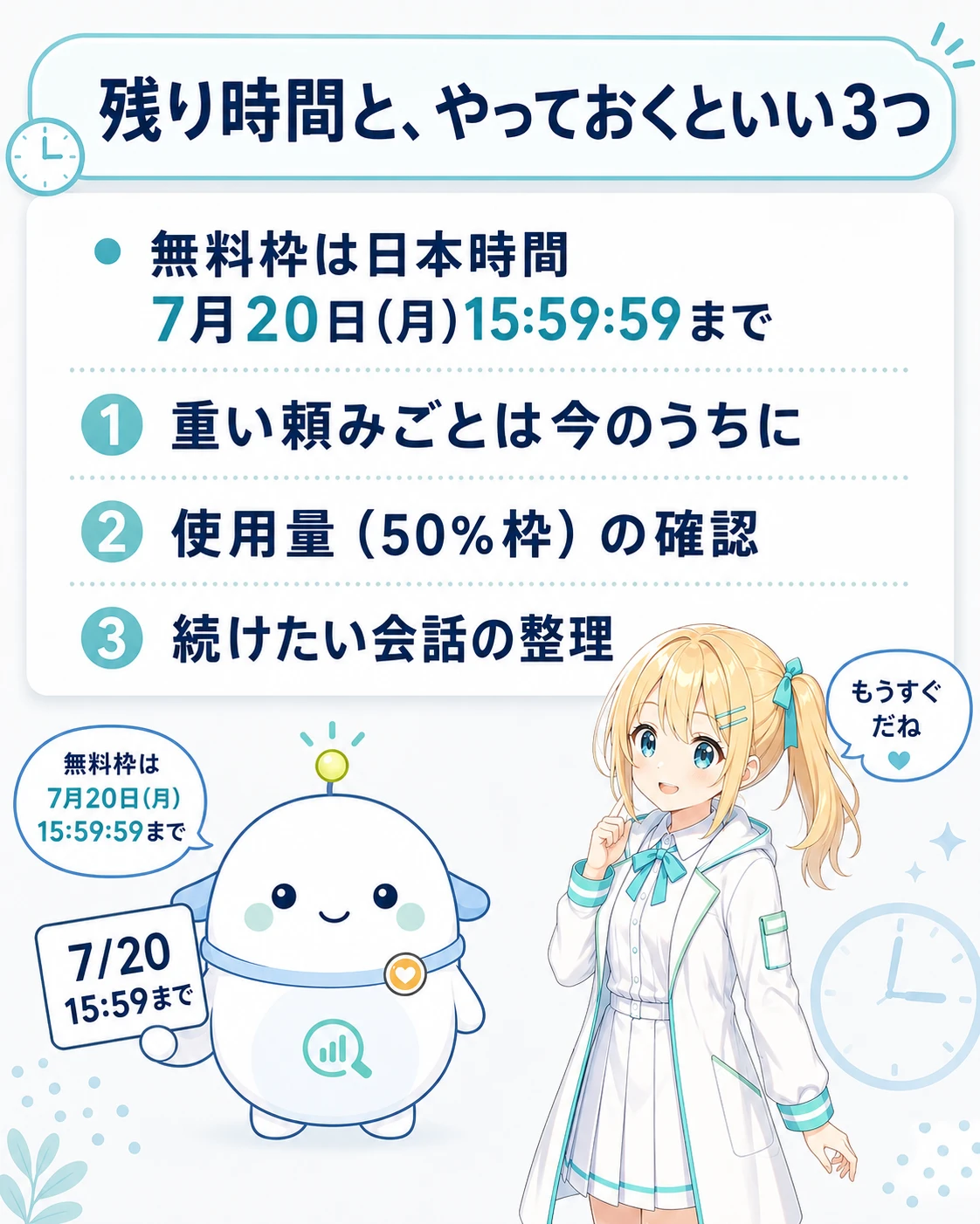 「残り時間と、やっておくといい3つ」の図解。Claude Fable 5の無料枠は日本時間7月20日15:59:59まで。①重い頼みごとは今のうちに ②使用量の確認 ③続けたい会話の整理、の3点。ひまりがカレンダーを見て、らぼまるが7/20 15:59の日付カードを持つ構図