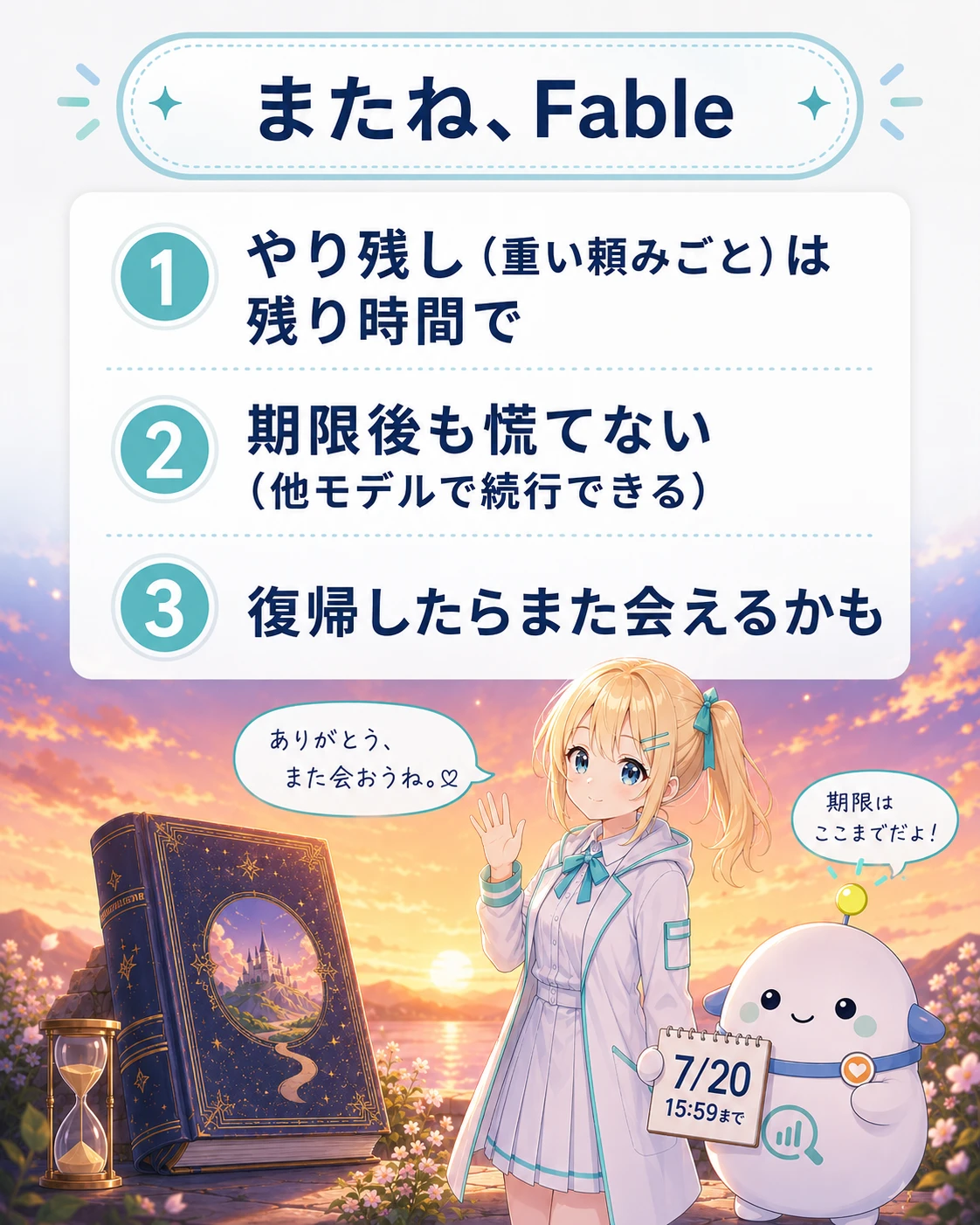 「またね、Fable」のまとめ図解。①やり残し(重い頼みごと)は残り時間で ②期限後も慌てない(他モデルで続行できる)③復帰したらまた会える。夕暮れ空の下、ひまりが本に手を振り、らぼまるが7/20 15:59のカレンダーを持つ、惜別だが軽いトーンの構図