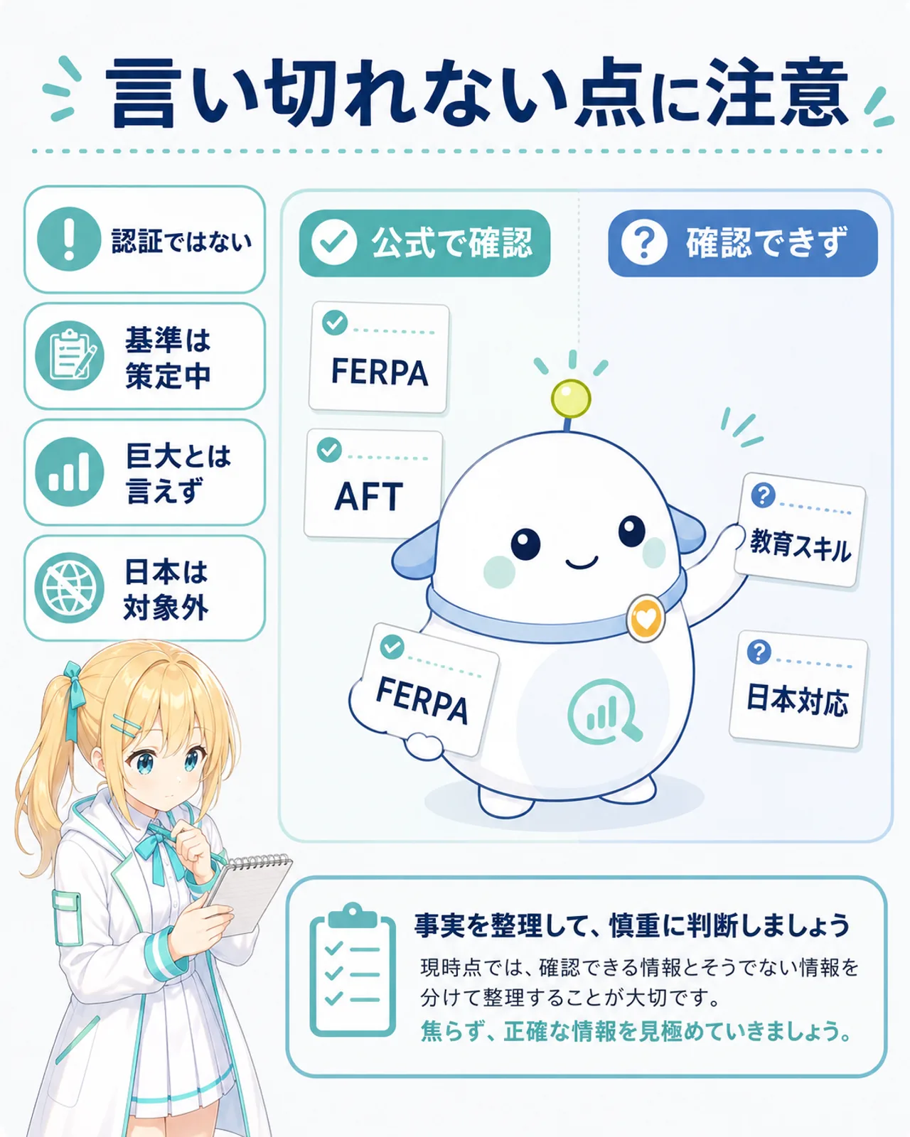 「言い切れない点に注意」の図解。認証ではない・基準は策定中・巨大とは言えず・日本は対象外のラベルで、らぼまるが『公式で確認』と『確認できず』の2列にFERPA・AFT・教育スキル・日本対応のカードを仕分け、ひまりがメモを取る構図
