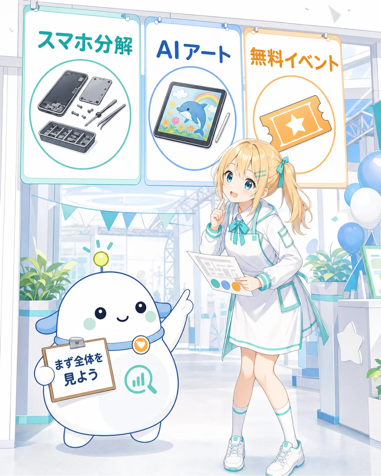 「夏休みの親子体験」の図解。スマホ分解・AIアート・無料イベントの3枚のカードを並べ、ひまりがパレットを持ってワクワクし、らぼまるが『まず全体を見よう』のカードを示す構図