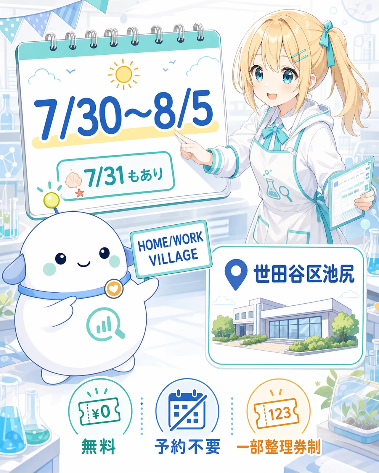 「いつ・どこで?」の図解。7/30〜8/5・7/31もあり、会場はHOME/WORK VILLAGE(世田谷区池尻)、無料・予約不要・一部整理券制を整理。ひまりがカレンダーを指し、らぼまるが会場カードを持つ構図