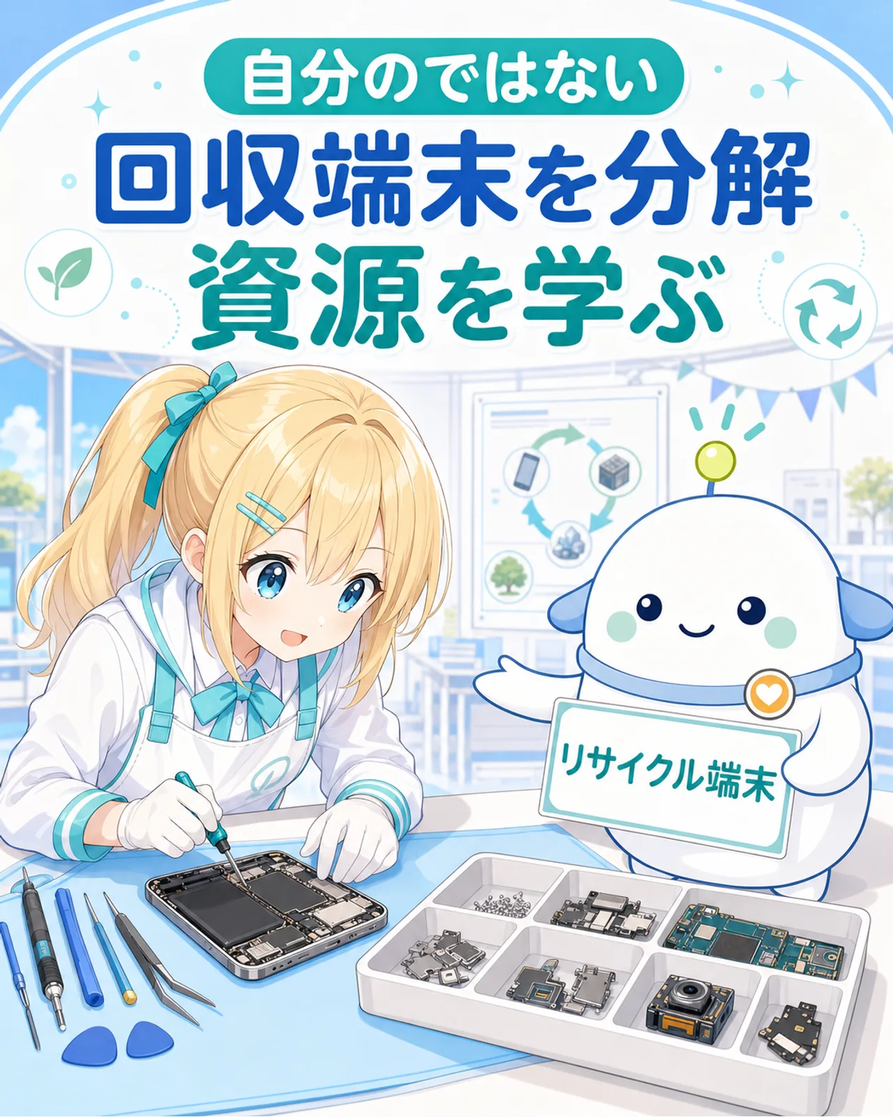 「分解は回収スマホ」の図解。自分のではない・回収端末を分解・資源を学ぶの3点を整理。ひまりが工具で端末を分解し部品トレイをのぞき、らぼまるが『リサイクル端末』の札を示す構図