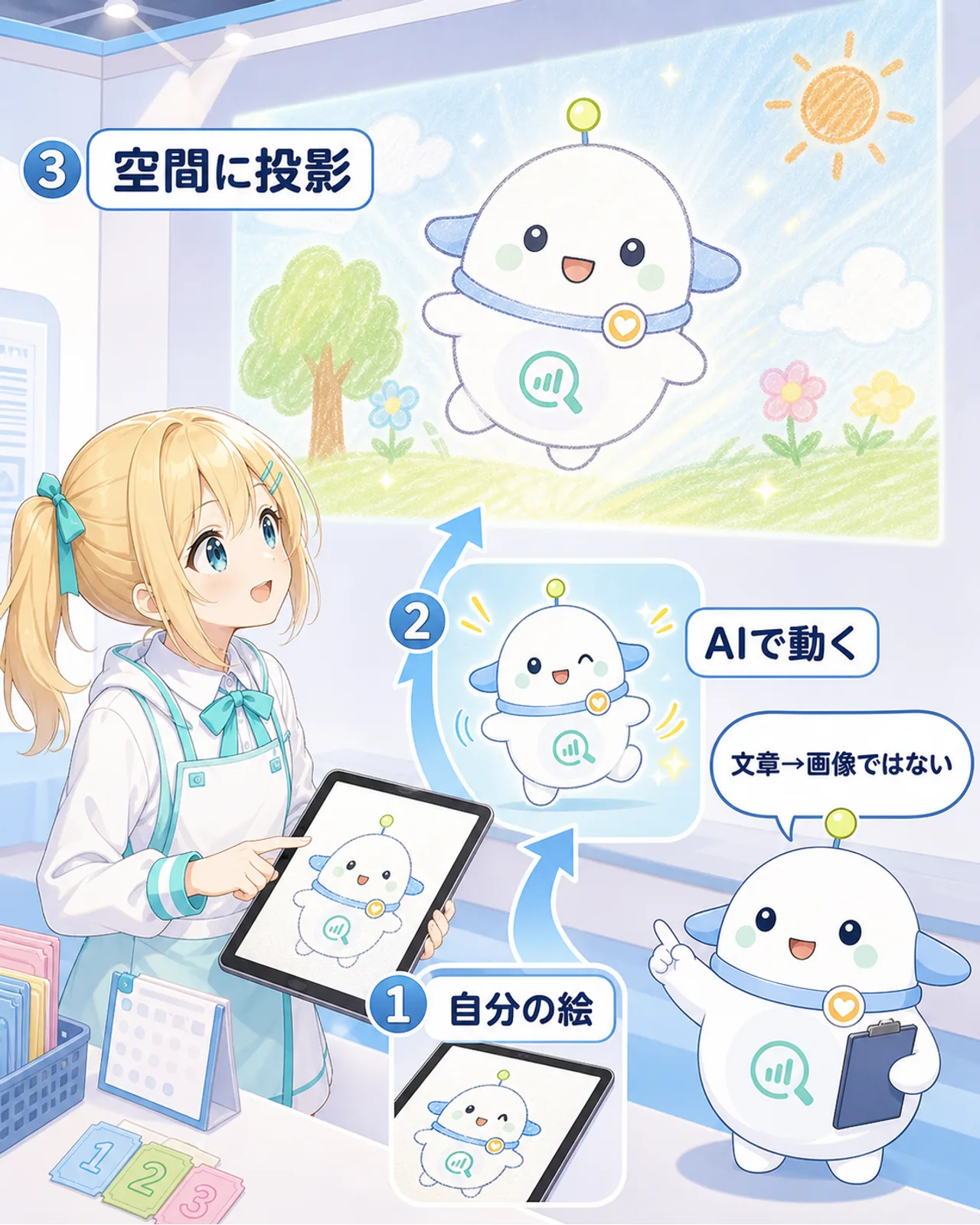 「AIで絵が動く」の図解。①自分の絵 → ②AIで動く → ③空間に投影の流れを示し、『文章→画像ではない』と補足。ひまりがiPadで描いた絵が壁に映り、らぼまるが説明する構図