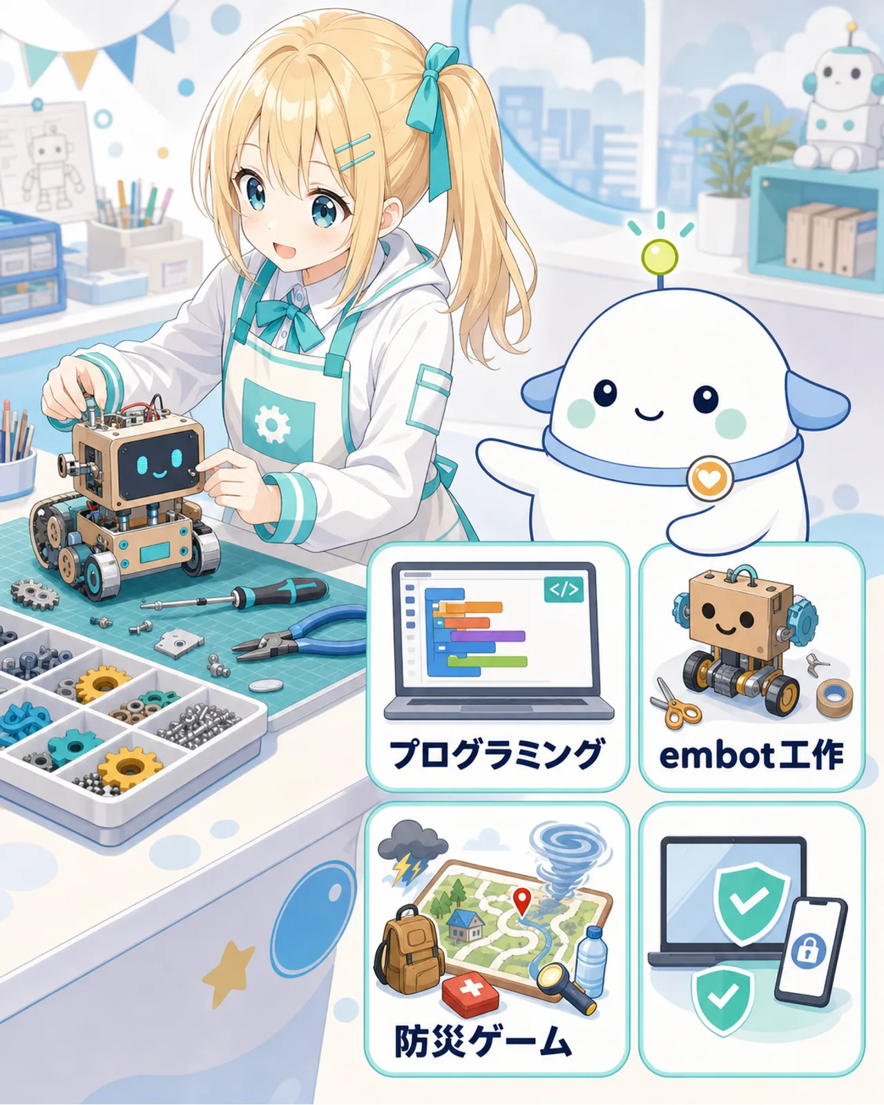 「ほかにも体験」の図解。プログラミング・embot工作・防災ゲーム・ネット安全の4分割カードを並べ、ひまりが小さなロボット工作を見て、らぼまるが体験カードを示す構図