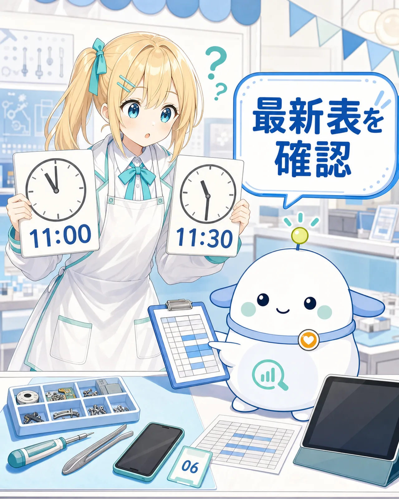 「時間は要確認」の図解。11:00表記と11:30表記の2つの時計を並べ、『最新表を確認』と促す。ひまりが2つの時計を見比べて迷い、らぼまるがタイムテーブルを指して『公式で確認』と補足する構図