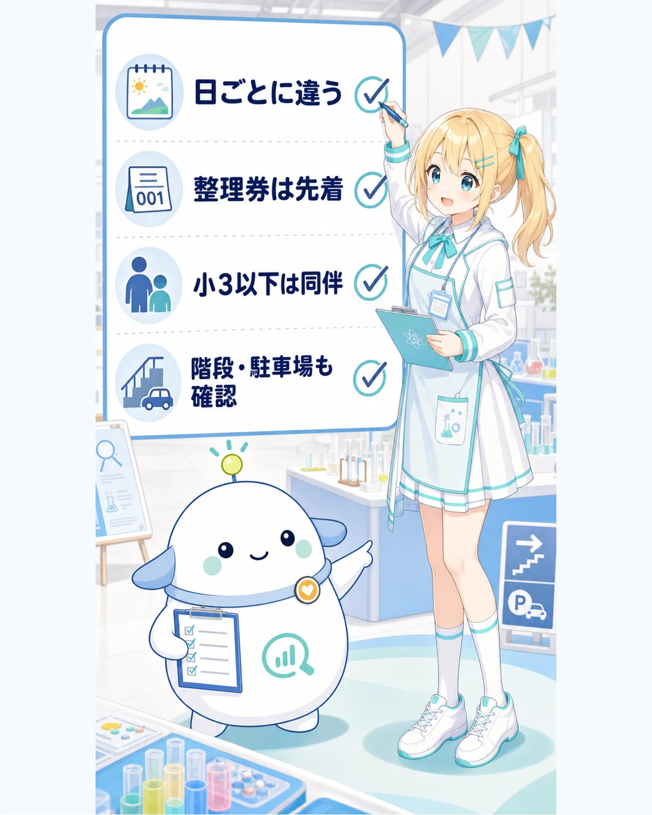 「来場前チェック」の図解。日ごとに違う・整理券は先着・小3以下は同伴・階段や駐車場も確認の4点をチェックリストで整理。ひまりが丸を付け、らぼまるが補足する構図