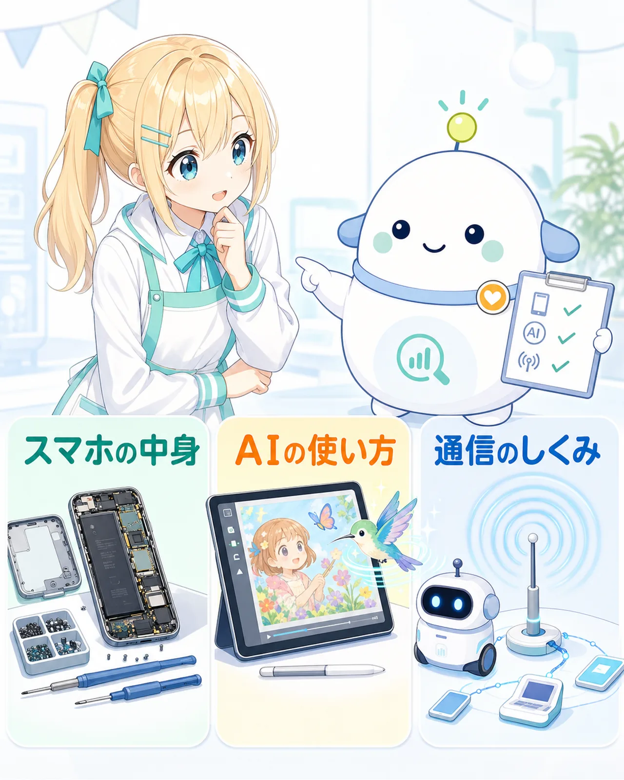 「親子で学ぶ入口」の図解。スマホの中身・AIの使い方・通信のしくみの3つを並べ、ひまりが部品や動く絵、ロボットを見てうなずき、らぼまるが『買う場ではなく学ぶ場』と整理する構図