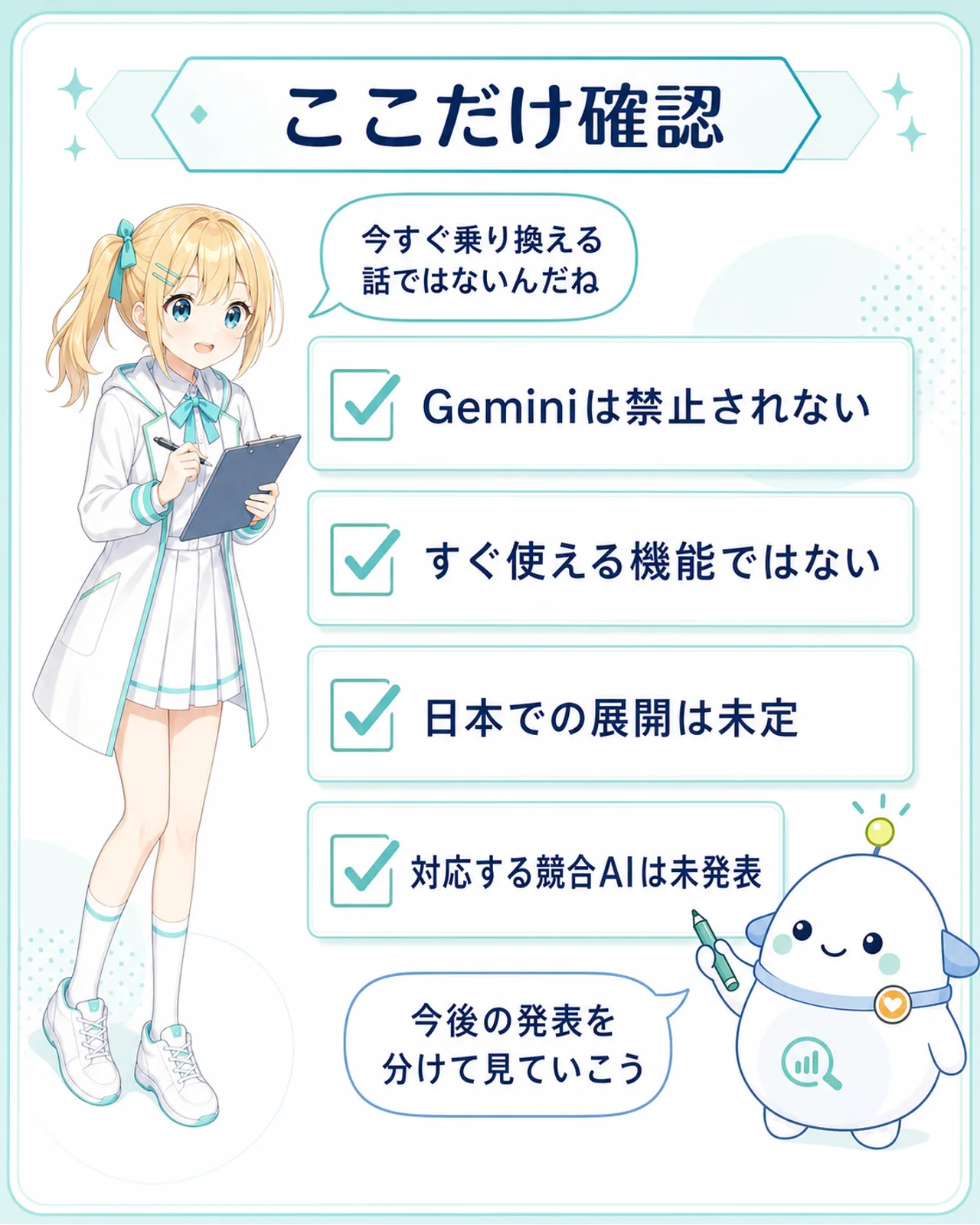 「ここだけ確認」のチェックリスト図解。Geminiは禁止されない、すぐ使える機能ではない、日本での展開は未定、対応する競合AIは未発表、の4項目を整理。ひまりが『今すぐ乗り換える話ではないんだね』と納得し、らぼまるが『今後の発表を分けて見ていこう』とまとめる構図