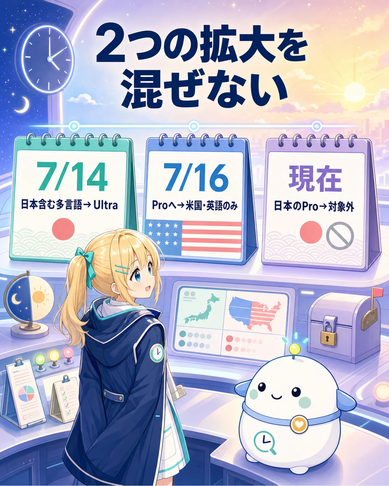 7月14日の日本を含むUltra多言語展開、7月16日の米国Pro英語版展開、現在の日本Pro対象外を三段で整理した時系列