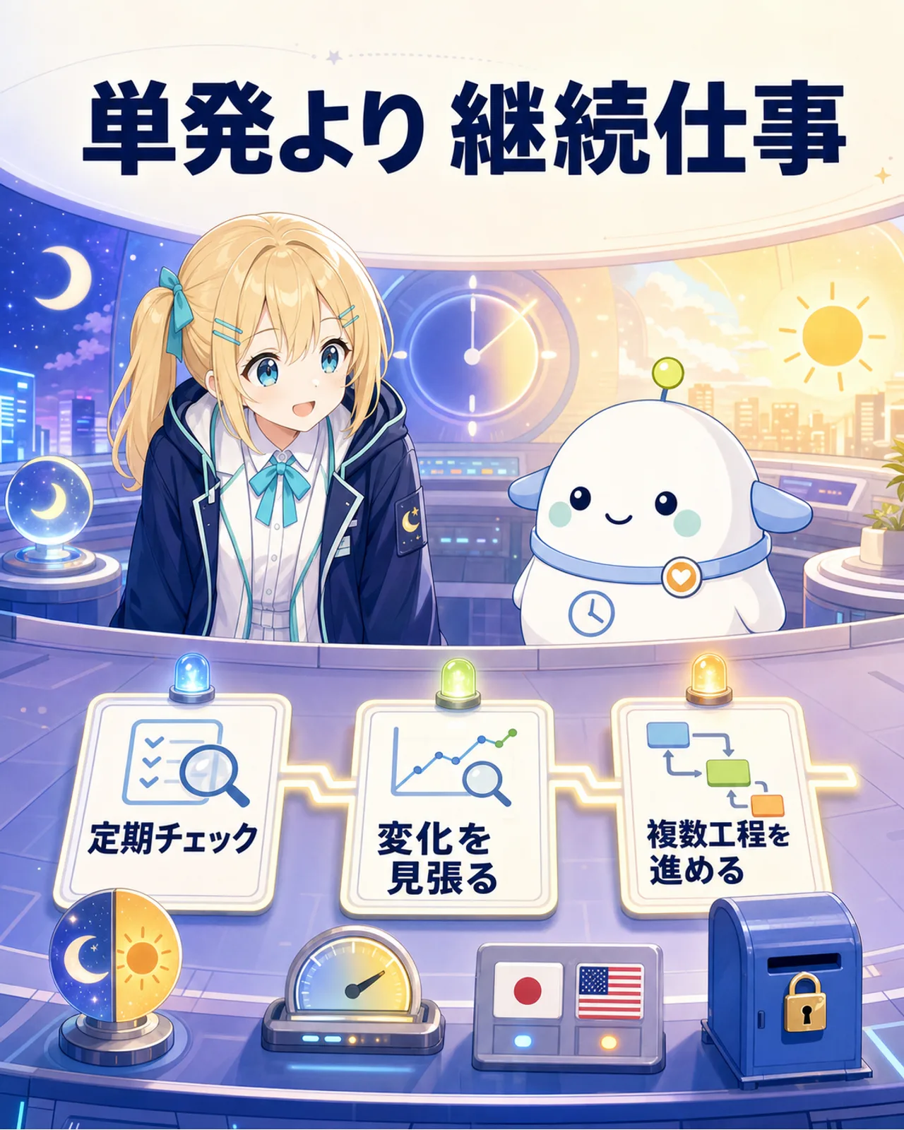 定期チェック、変化の監視、複数工程などGemini Sparkに向く継続仕事を示す図解