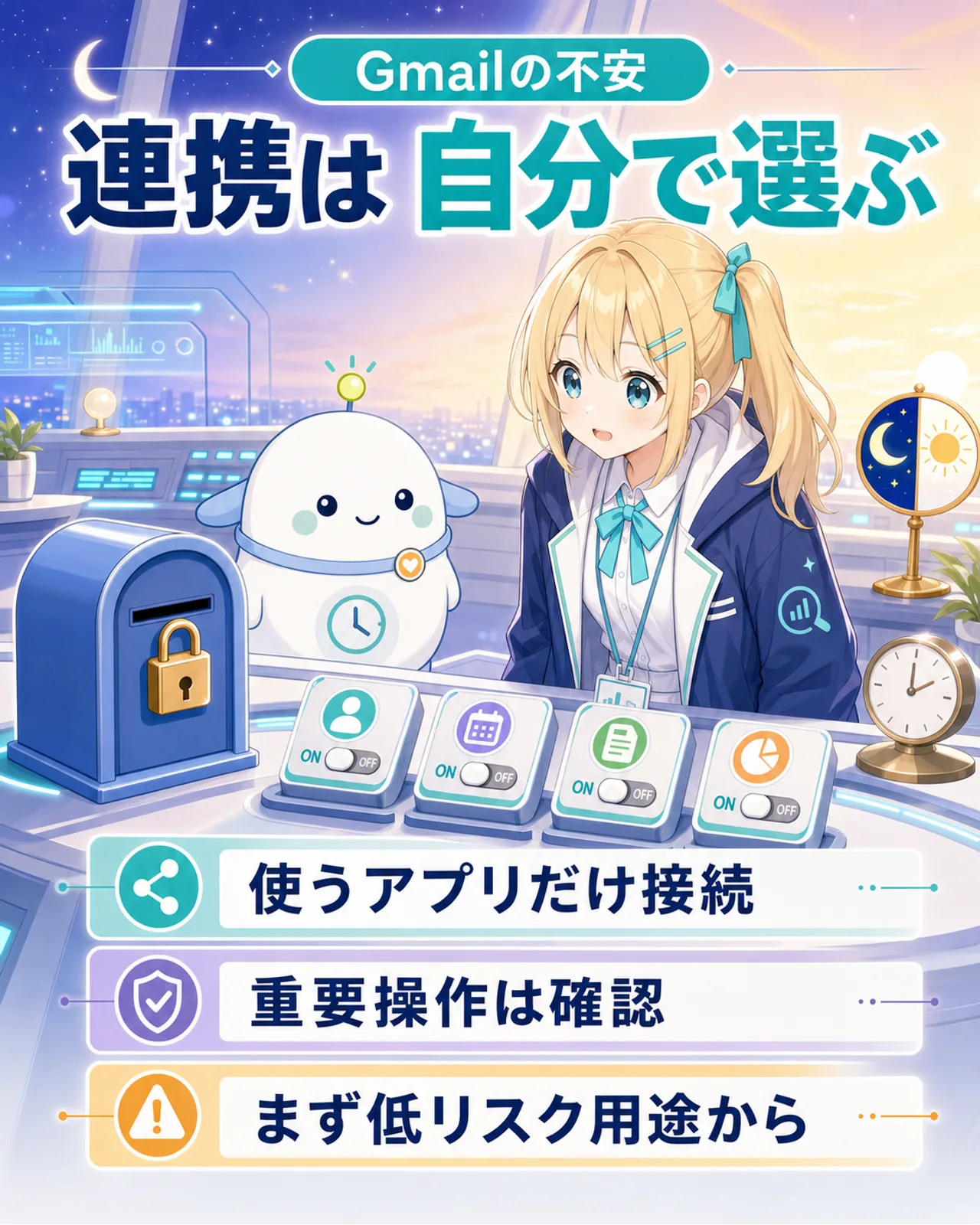 Gemini Sparkの連携は利用者がアプリごとに選び、重要操作では確認が入ることを示す図解