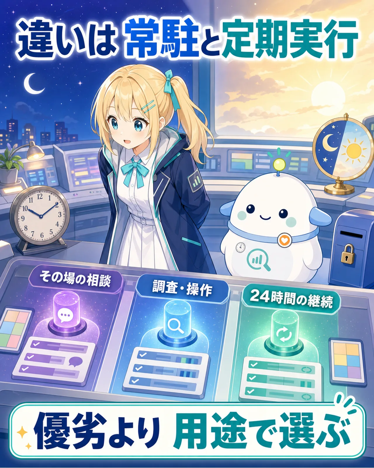 AIのその場の相談、調査や操作、24時間の継続を並べ、Sparkの常駐と定期実行を示す図解