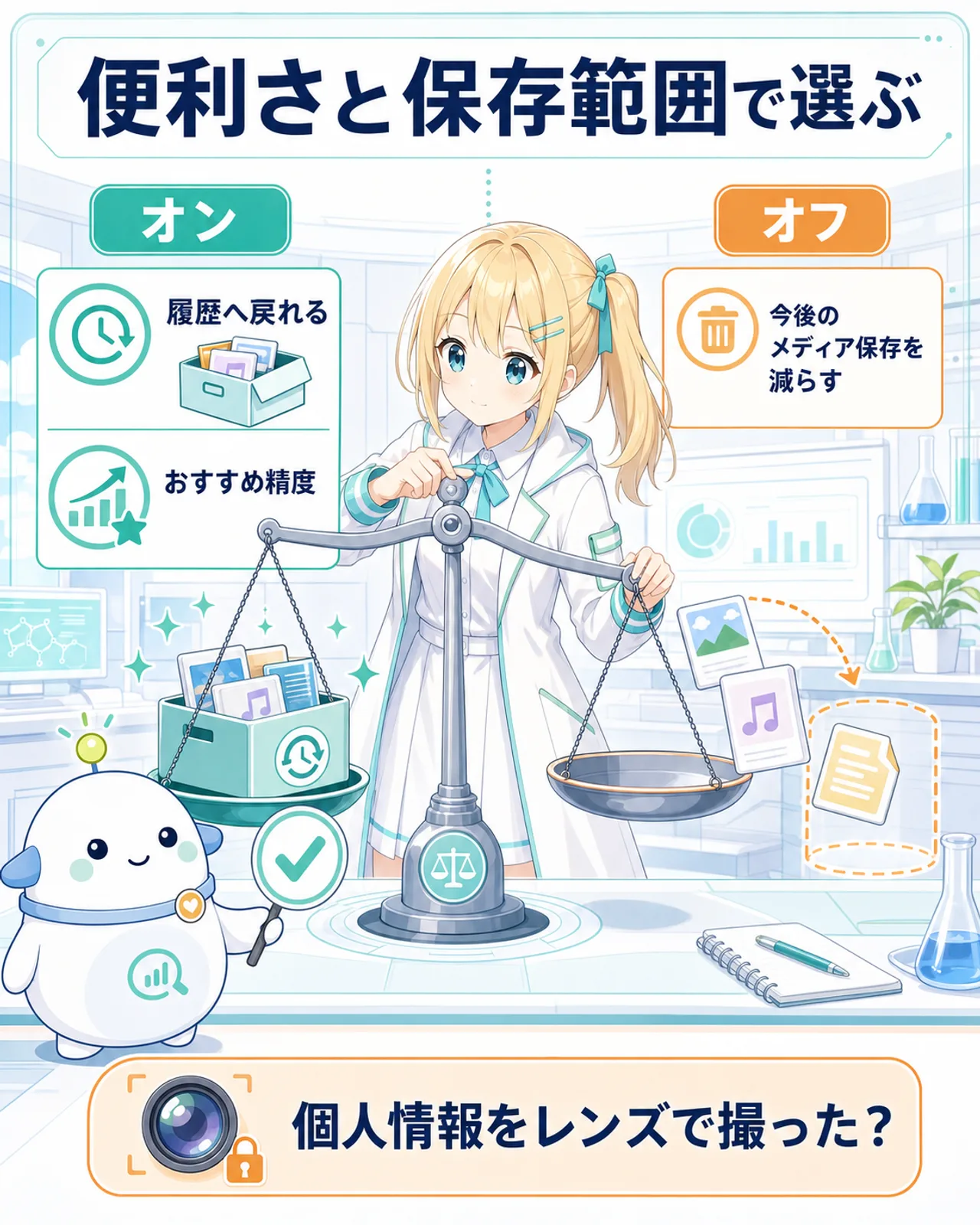 オンは履歴の再利用とパーソナライズ、オフは今後のメディア保存を減らすという中立的な判断材料