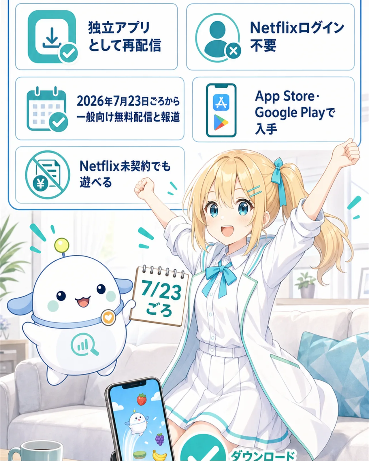 「契約なしで無料ダウンロードできる」の図解。独立アプリとして再配信・Netflixログイン不要、2026年7月23日ごろから一般向け無料配信と報道、App Store・Google Playで入手、Netflix未契約でも遊べる、の4点を整理。ひまりが万歳で大喜びし、らぼまるが7/23ごろのカレンダーを示す構図