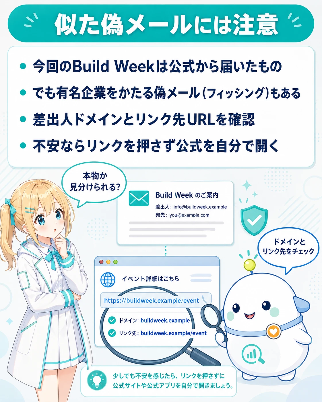 「似た偽メールには注意」の図解。今回のBuild Weekは公式から届いたもの、でも有名企業をかたる偽メール(フィッシング)もある、差出人ドメインとリンク先URLを確認、不安ならリンクを押さず公式サイトを自分で開く、の4点。ひまりが「本物か見分けられる?」と気にし、らぼまるが「ドメインとリンク先をチェック」と教える構図