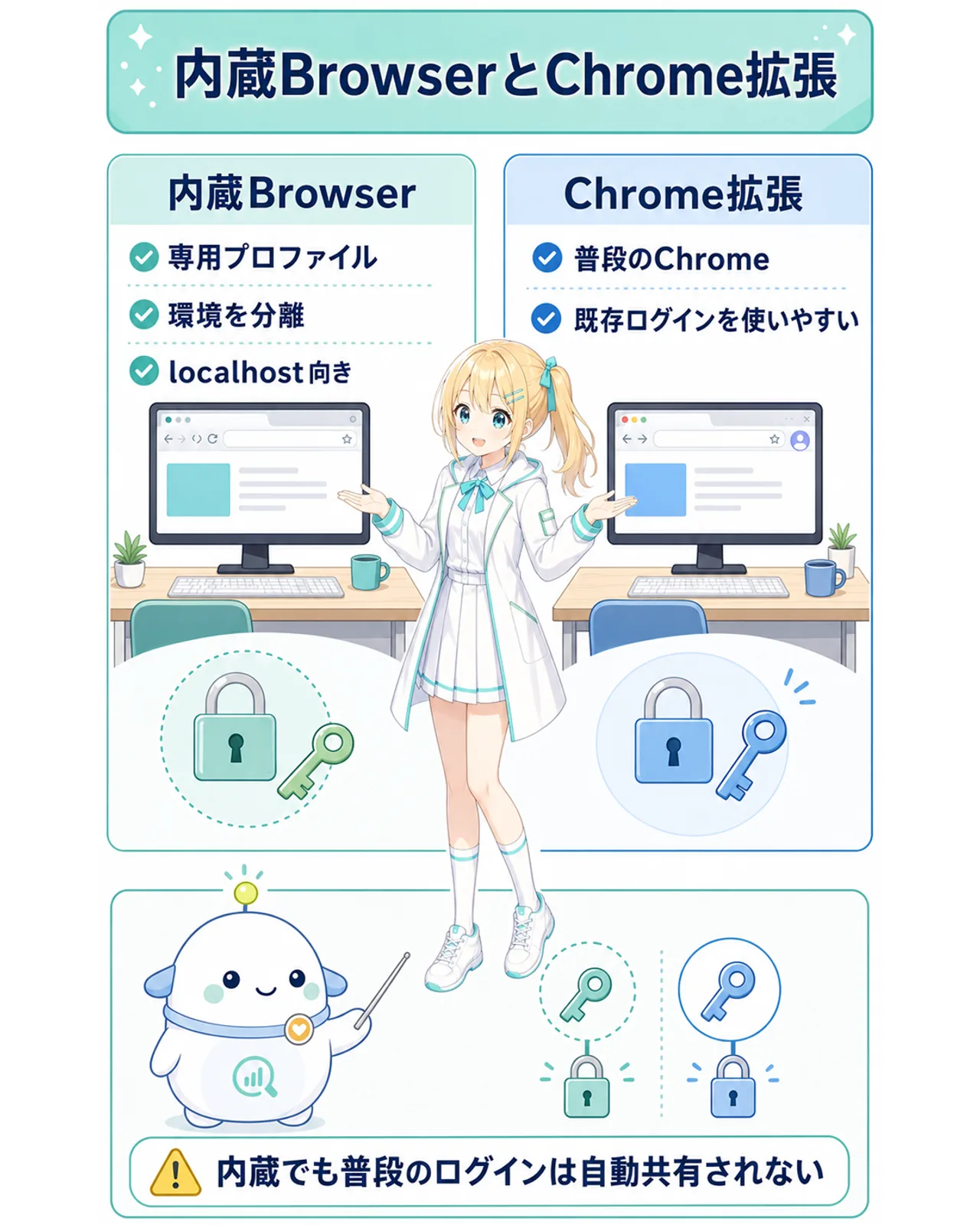 内蔵BrowserとChrome拡張の比較図。内蔵Browserは専用プロファイル、環境を分離、localhost向き。Chrome拡張は普段のChrome、既存ログインを使いやすい。普段のログインは自動共有されないという注意