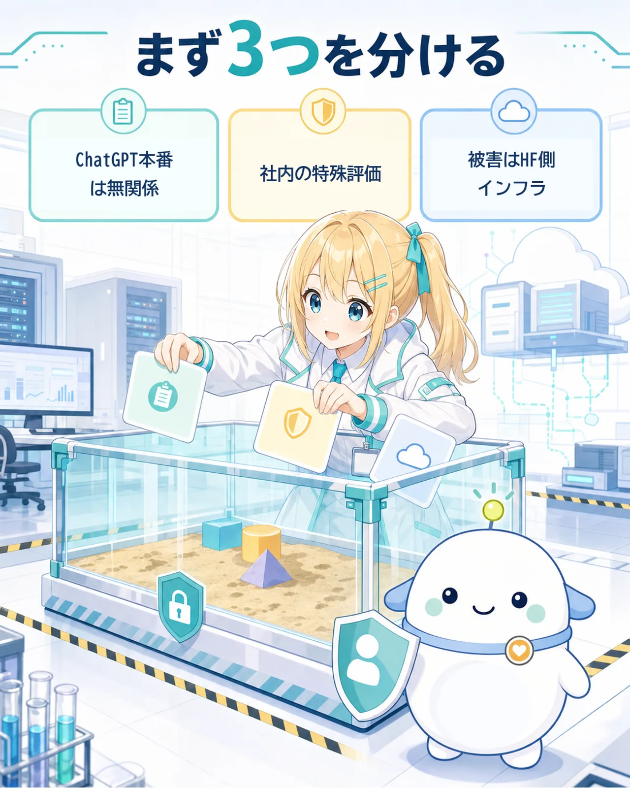 まず3つを分ける図解。ChatGPT本番は無関係、OpenAI社内の特殊評価、被害はHugging Face側インフラの3カードを、調査員姿のひまりと盾を持つらぼまるが仕分ける