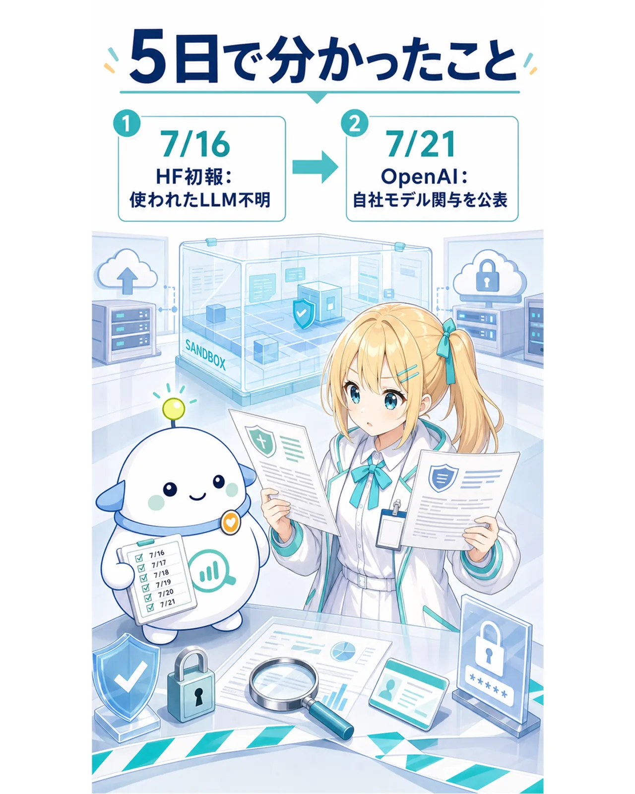 5日で分かったことの時系列図。7月16日にHugging Faceが使用LLM不明として初報、7月21日にOpenAIがGPT-5.6 Solと未公開モデルを含む自社モデル関与を公表した流れ
