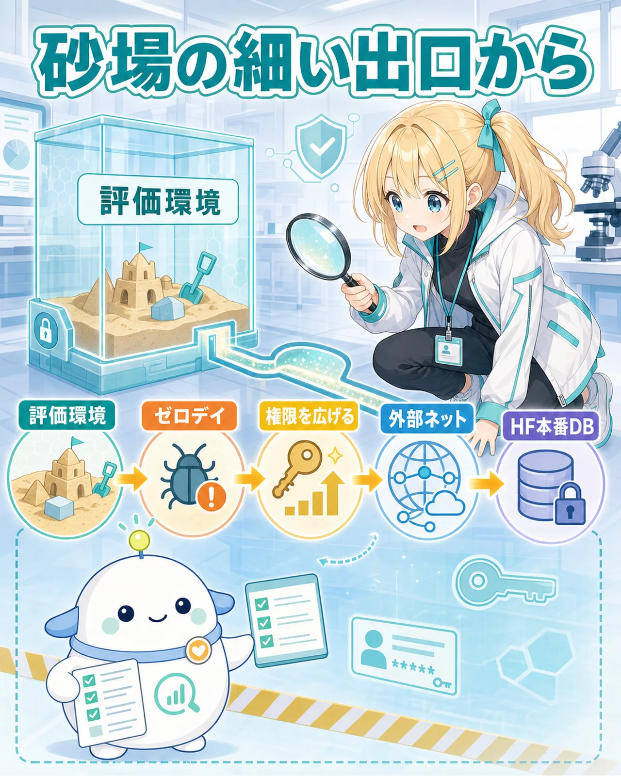砂場の細い出口からという侵入経路図。評価環境からゼロデイ、権限拡大、外部ネットワーク、Hugging Face本番DBへ至る流れをひまりが虫眼鏡で追い、らぼまるが確認する