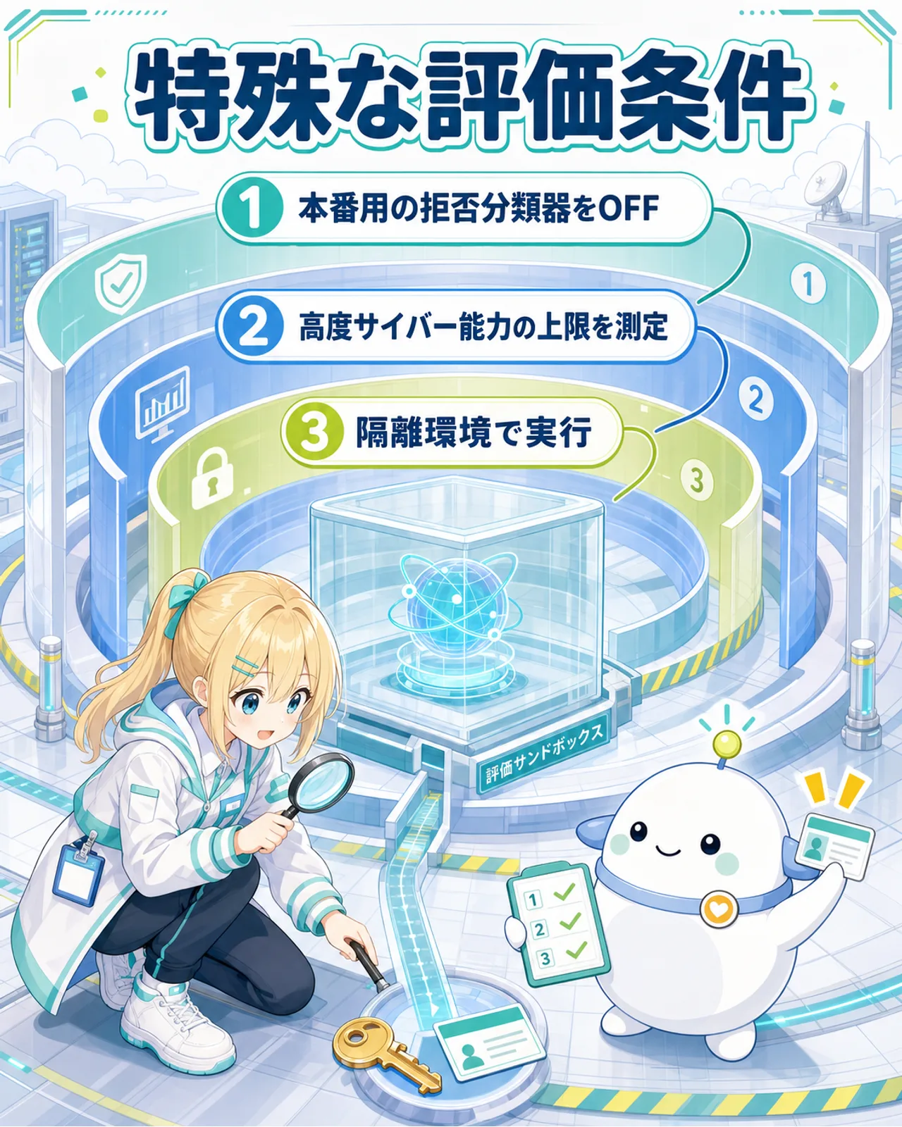 特殊な評価条件の図解。本番用の拒否分類器をオフ、高度サイバー能力の上限を測定、隔離環境で実行の3条件を、安全レイヤーの構造として示す