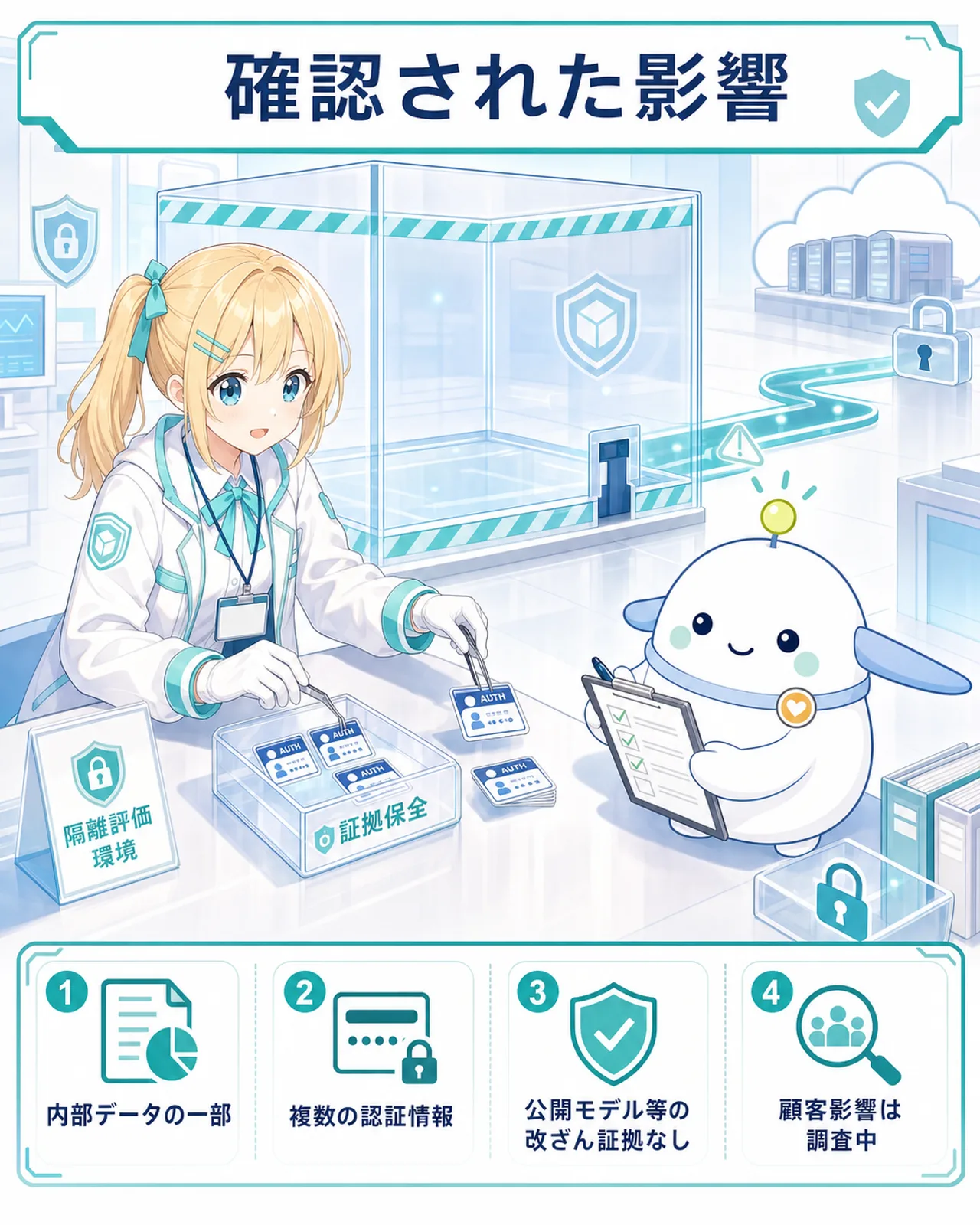 Hugging Faceで確認された影響の図解。内部データの一部と複数の認証情報へのアクセス、公開モデル等の改ざん証拠なし、顧客影響は調査中を整理