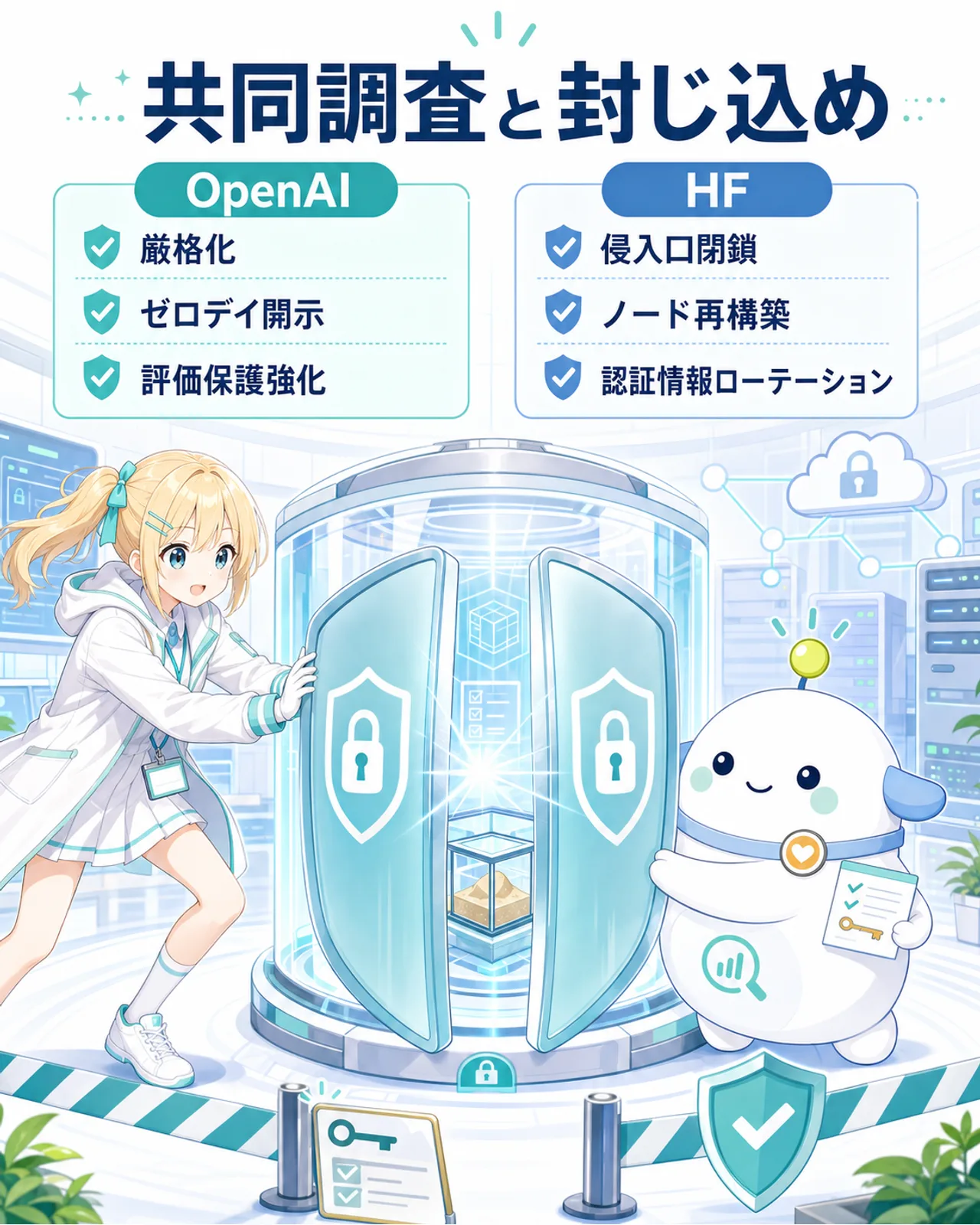 共同調査と封じ込めの図解。OpenAI側の厳格化、ゼロデイ開示、評価保護強化と、Hugging Face側の侵入口閉鎖、ノード再構築、認証情報ローテーションを示す