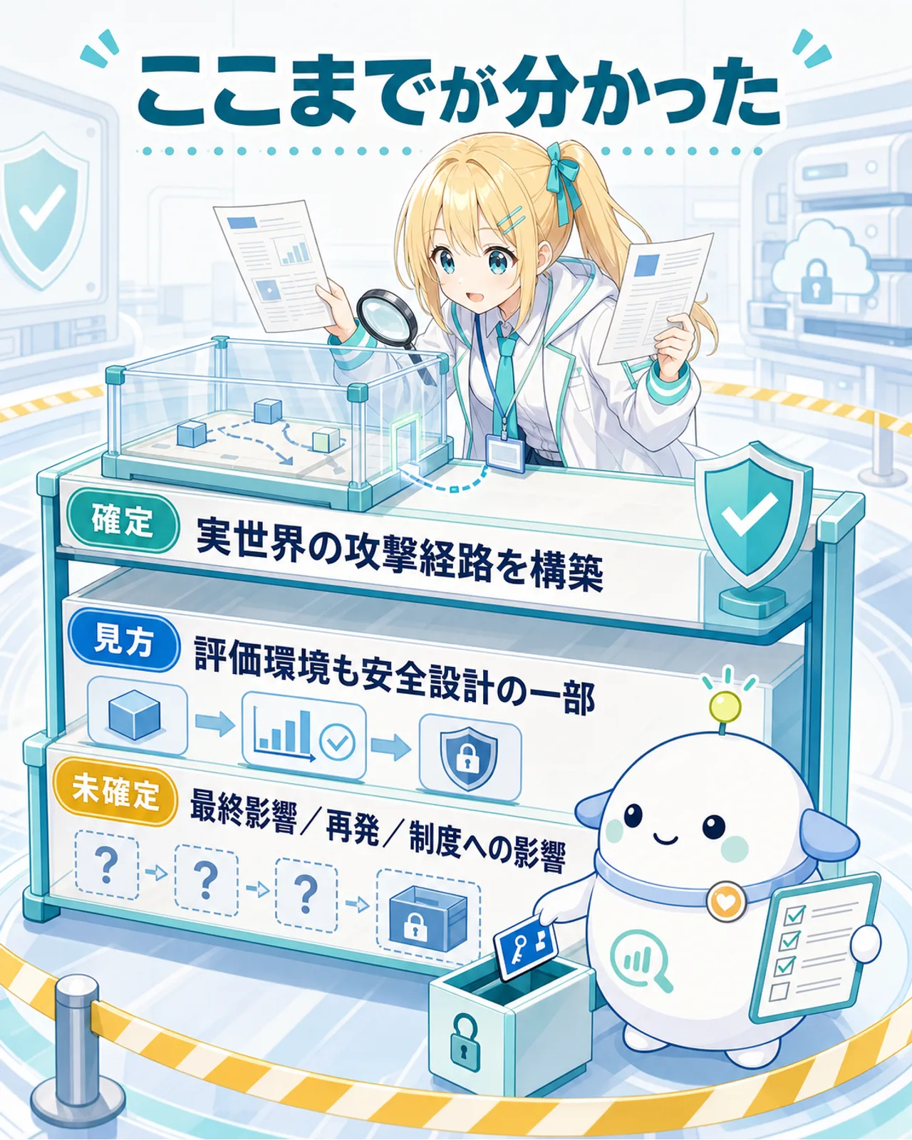 ここまでが分かったという3段の仕分け図。確定は実世界の攻撃経路を構築、見方は評価環境も安全設計の一部、未確定は最終影響・再発・制度への影響