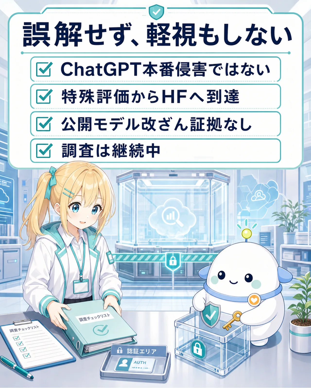 誤解せず、軽視もしないのまとめ図。ChatGPT本番侵害ではない、特殊評価からHugging Faceへ到達、公開モデル改ざん証拠なし、調査は継続中の4点