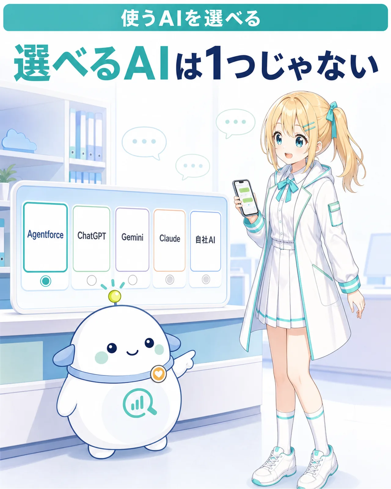 「選べるAIは1つじゃない」の図解。Agentforce・ChatGPT・Gemini・Claude・自社AIの5つのカードが並び、らぼまるが切り替えパネルを片手で指し、ひまりがスマホを持って見る構図